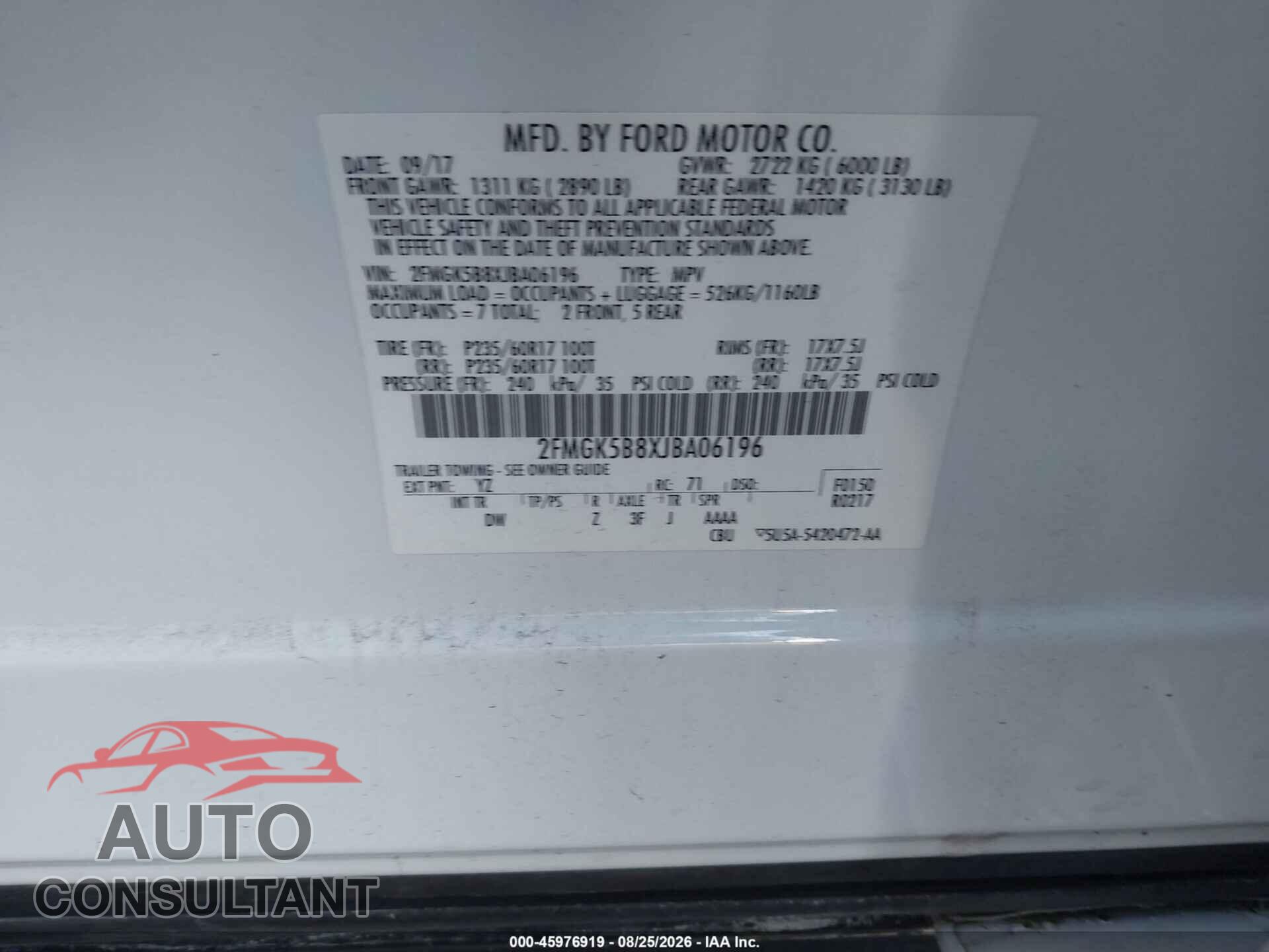 FORD FLEX 2018 - 2FMGK5B8XJBA06196
