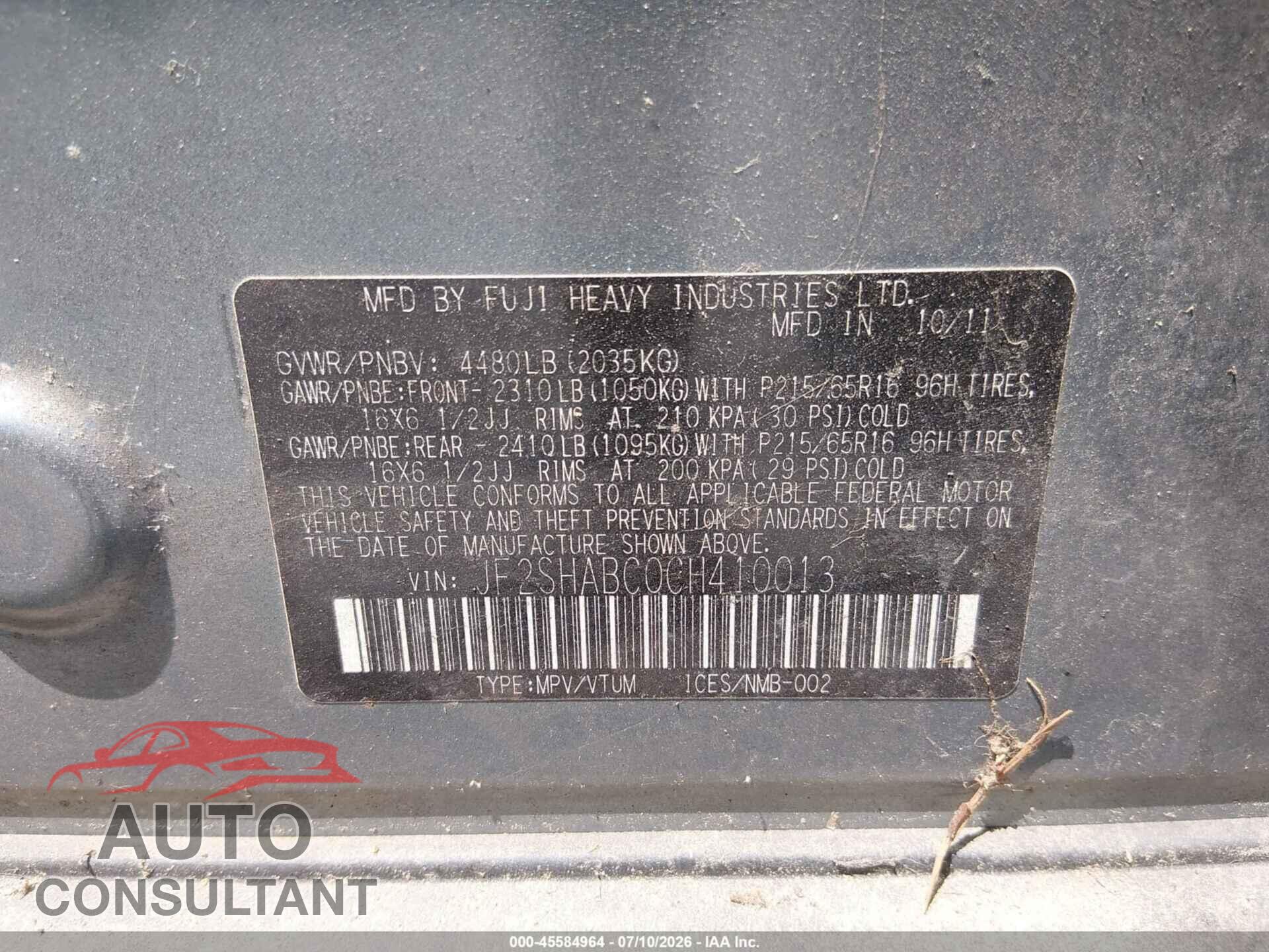 SUBARU FORESTER 2012 - JF2SHABC0CH410013