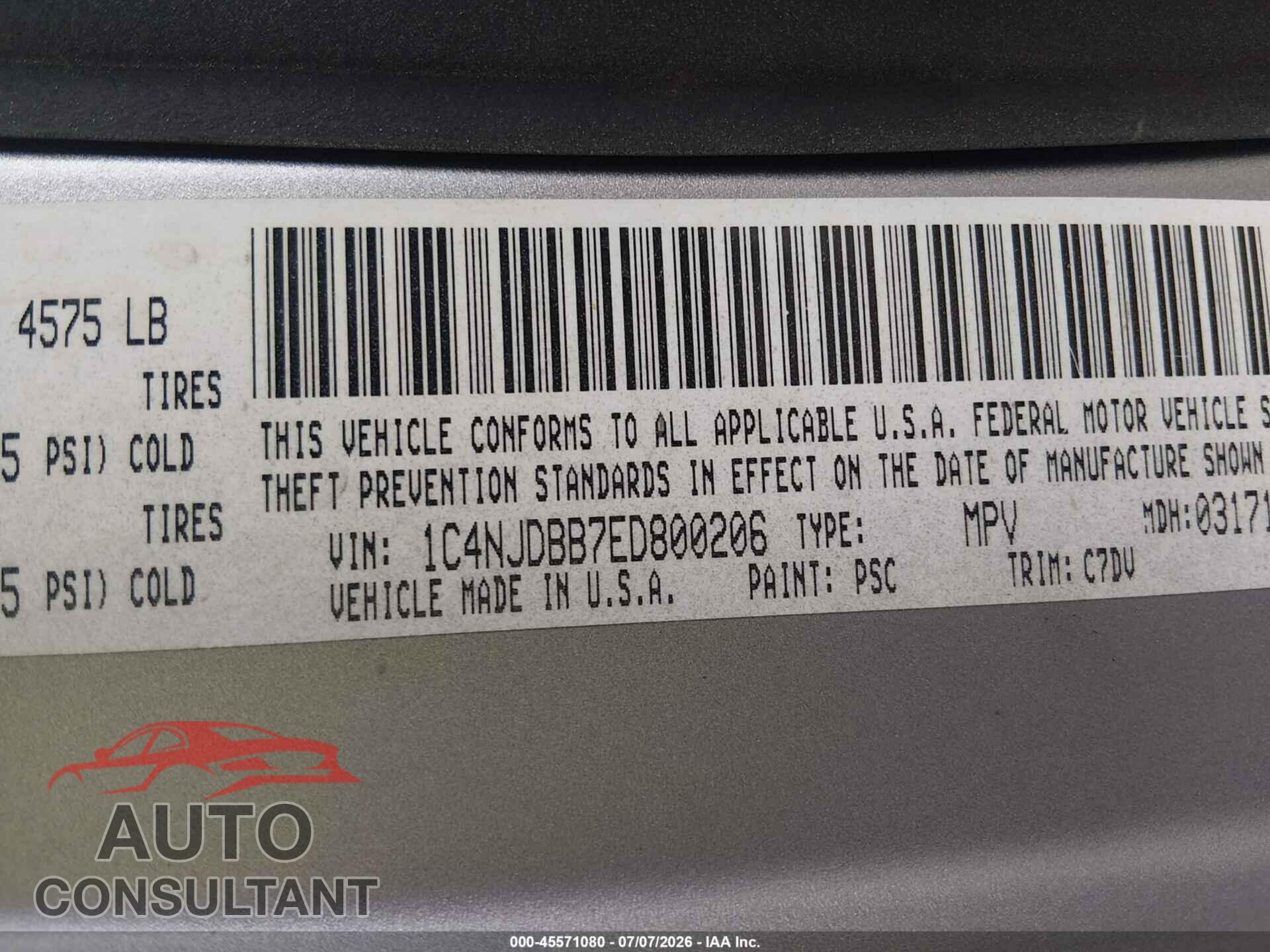JEEP COMPASS 2014 - 1C4NJDBB7ED800206