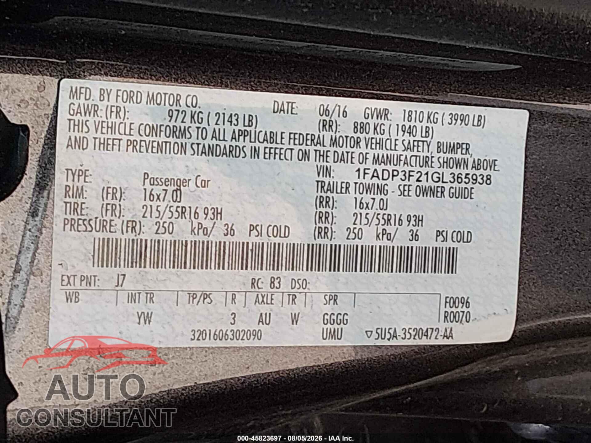 FORD FOCUS 2016 - 1FADP3F21GL365938