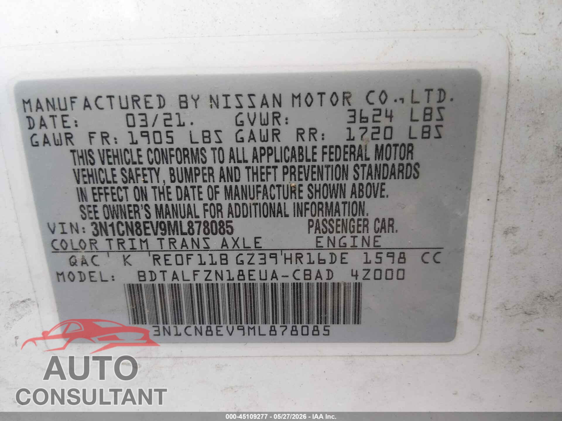 NISSAN VERSA 2021 - 3N1CN8EV9ML878085