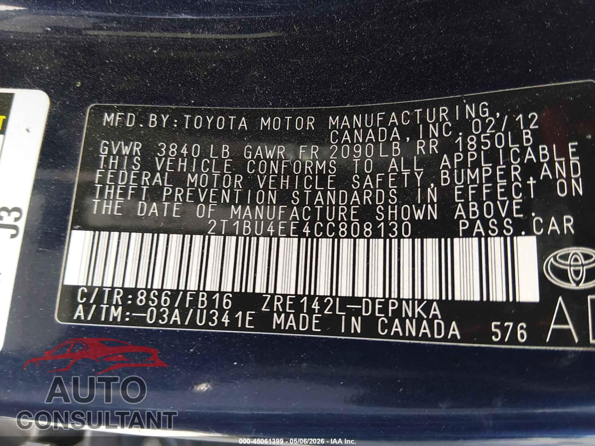 TOYOTA COROLLA 2012 - 2T1BU4EE4CC808130