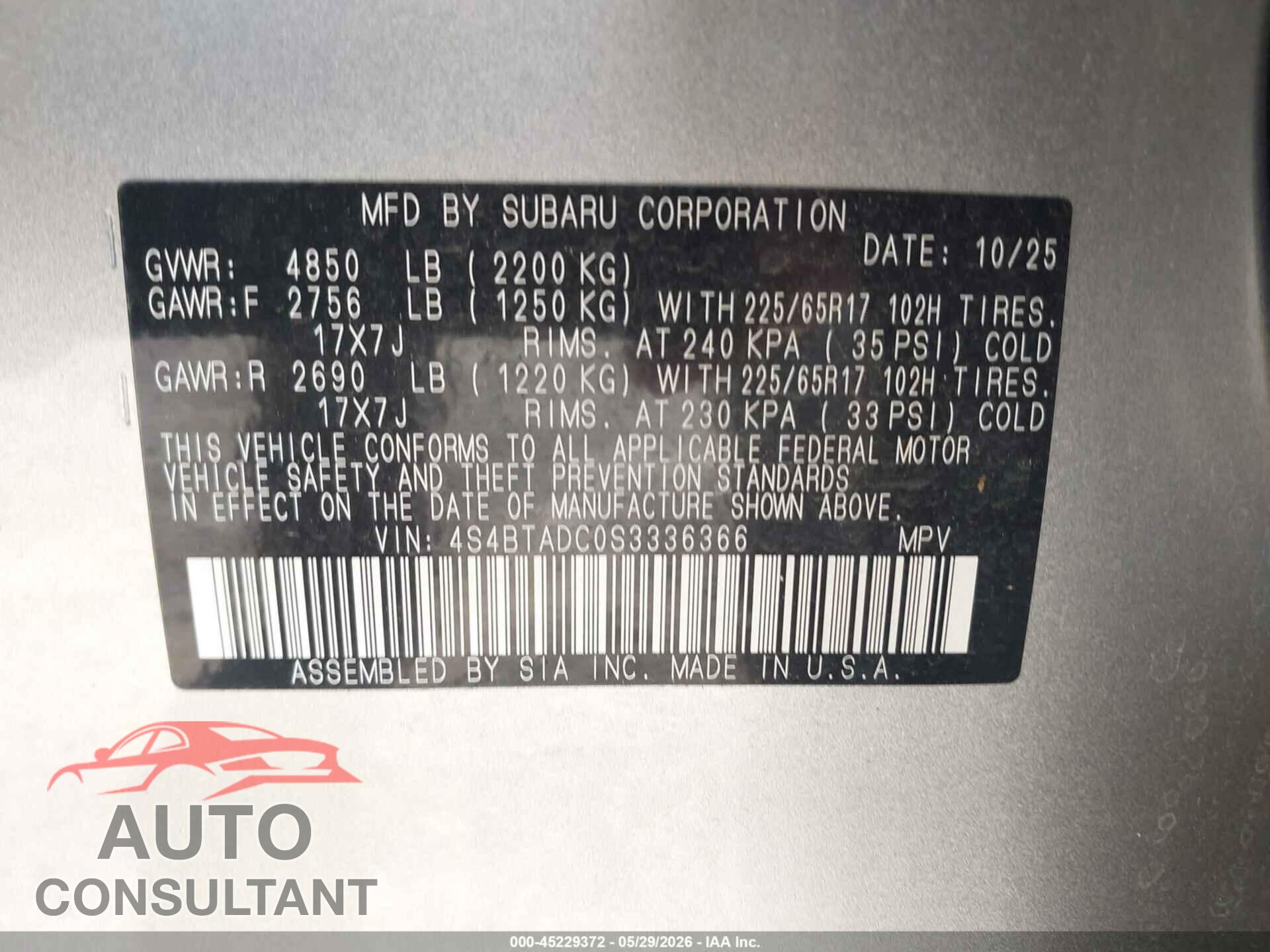 SUBARU OUTBACK 2025 - 4S4BTADC0S3336366
