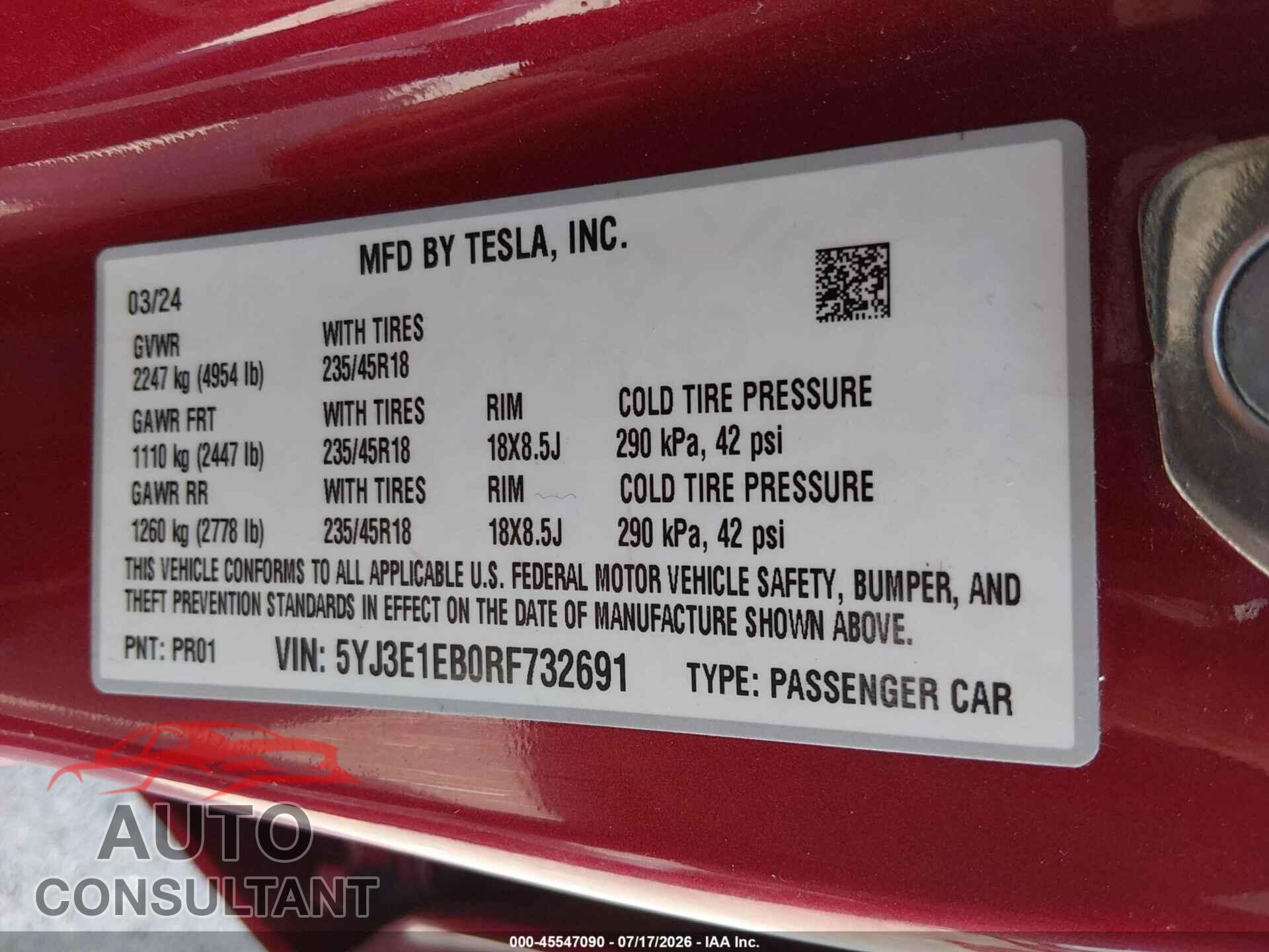 TESLA MODEL 3 2024 - 5YJ3E1EB0RF732691