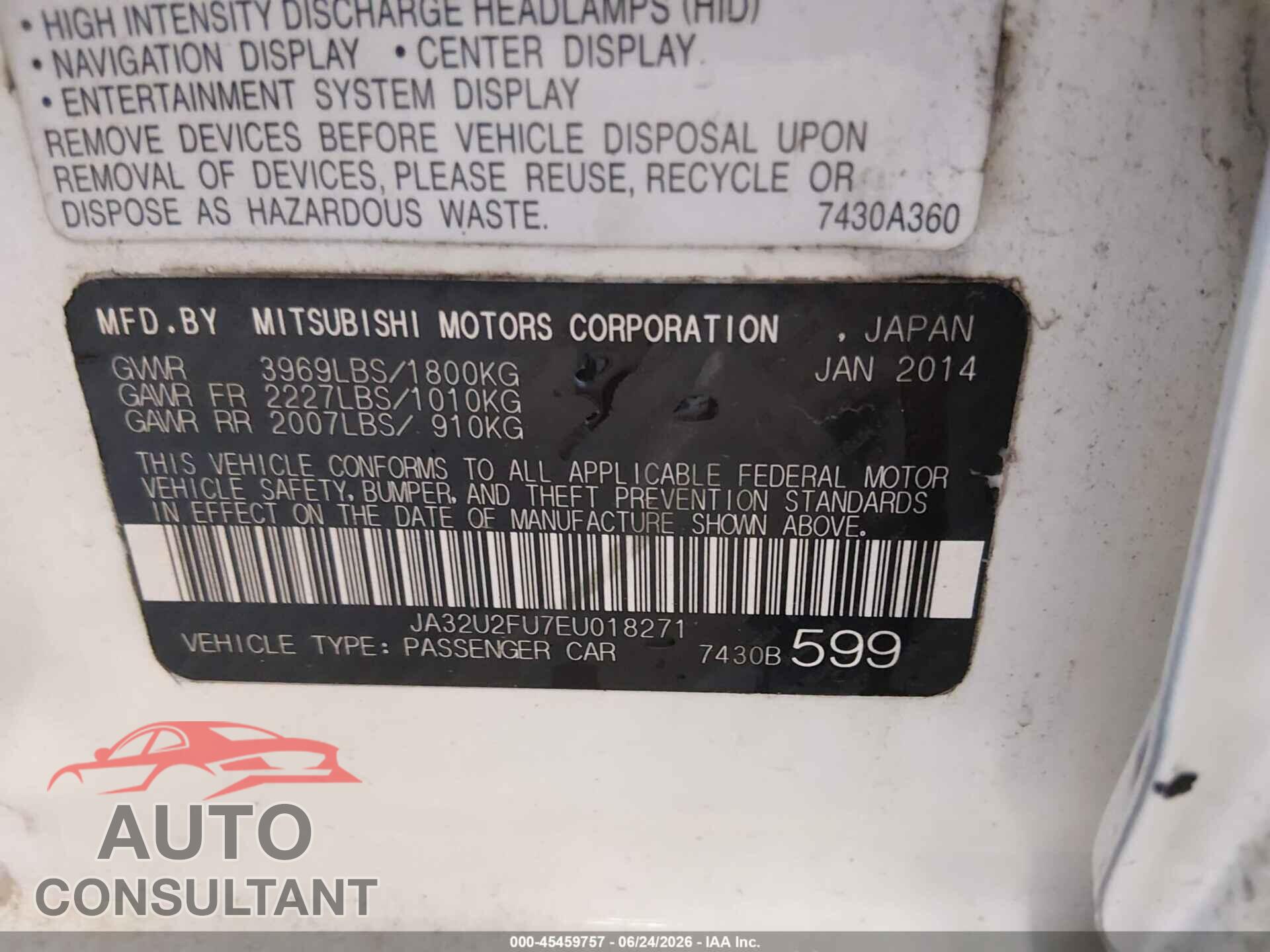 MITSUBISHI LANCER 2014 - JA32U2FU7EU018271