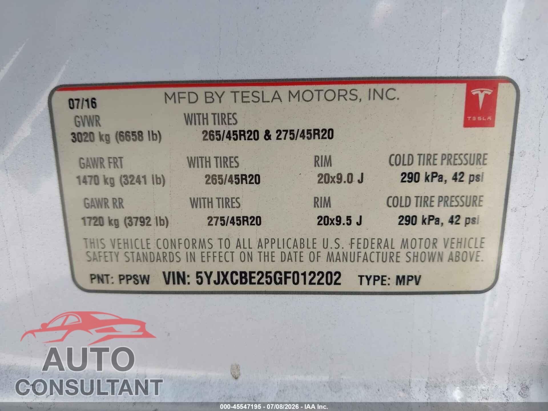 TESLA MODEL X 2016 - 5YJXCBE25GF012202
