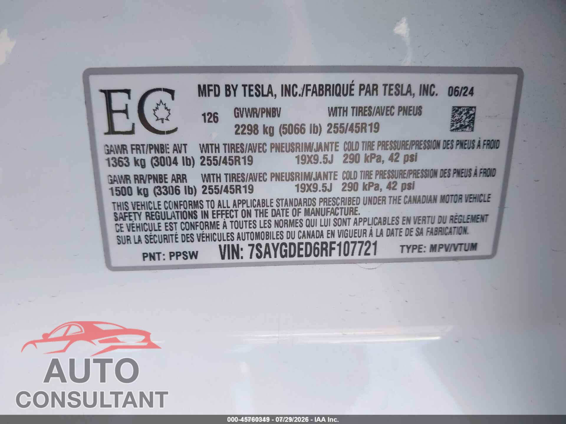 TESLA MODEL Y 2024 - 7SAYGDED6RF107721
