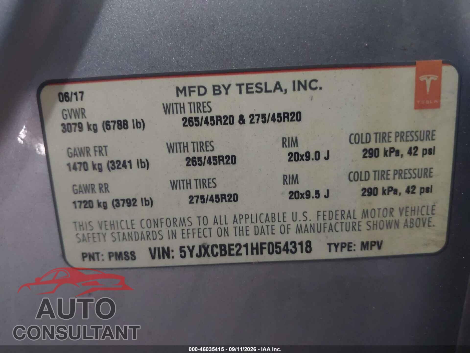 TESLA MODEL X 2017 - 5YJXCBE21HF054318