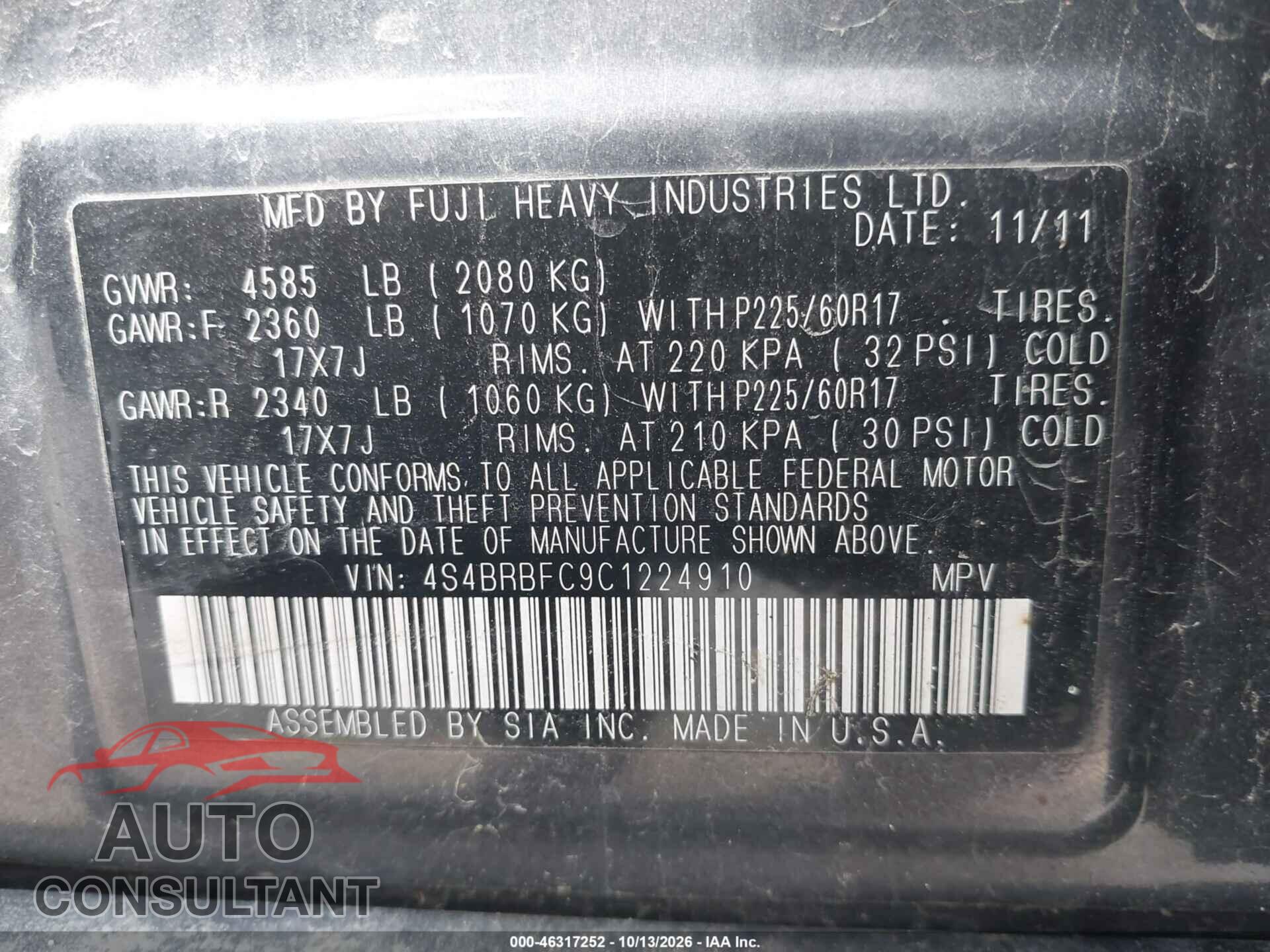SUBARU OUTBACK 2012 - 4S4BRBFC9C1224910