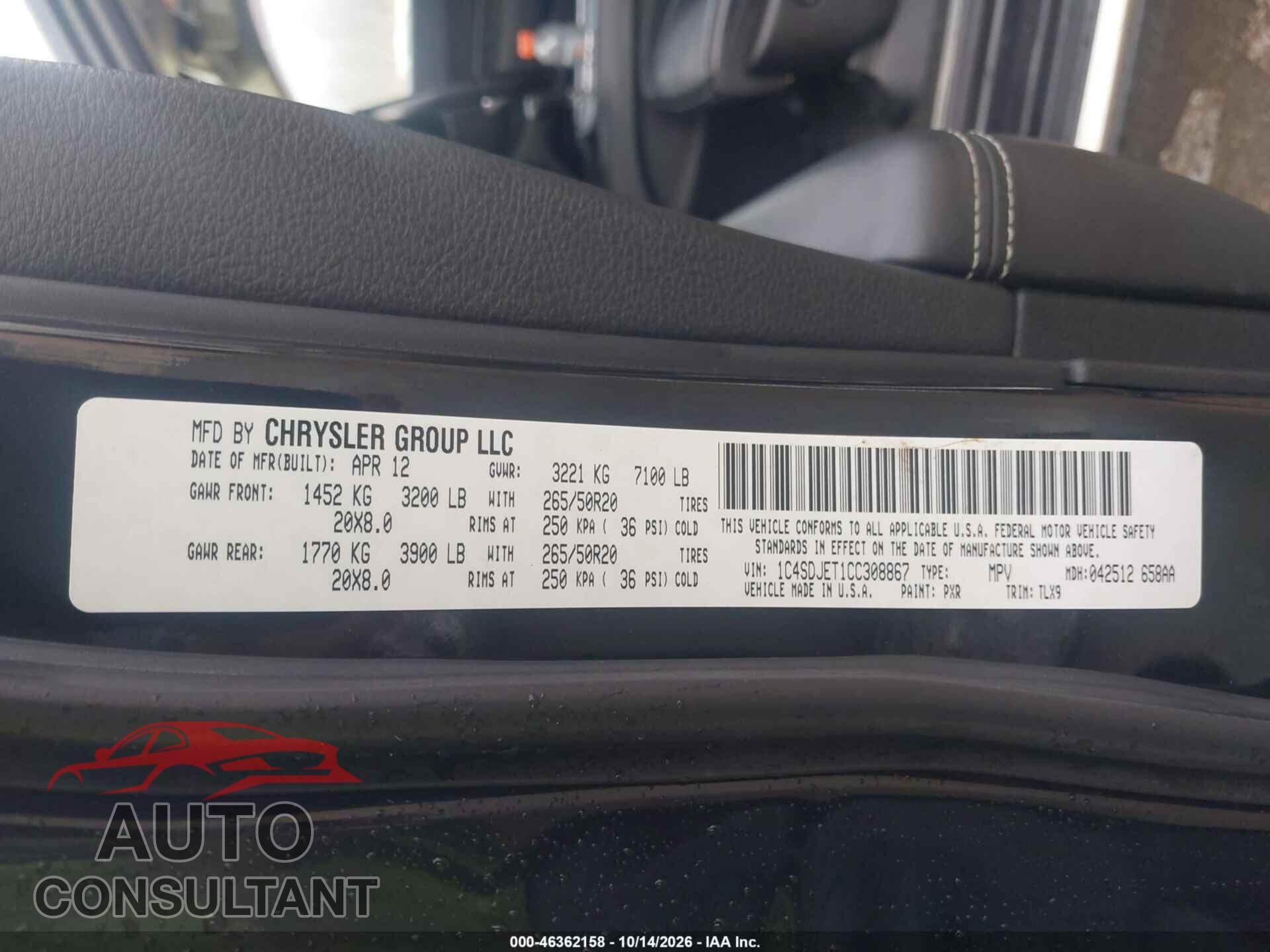 DODGE DURANGO 2012 - 1C4SDJET1CC308867