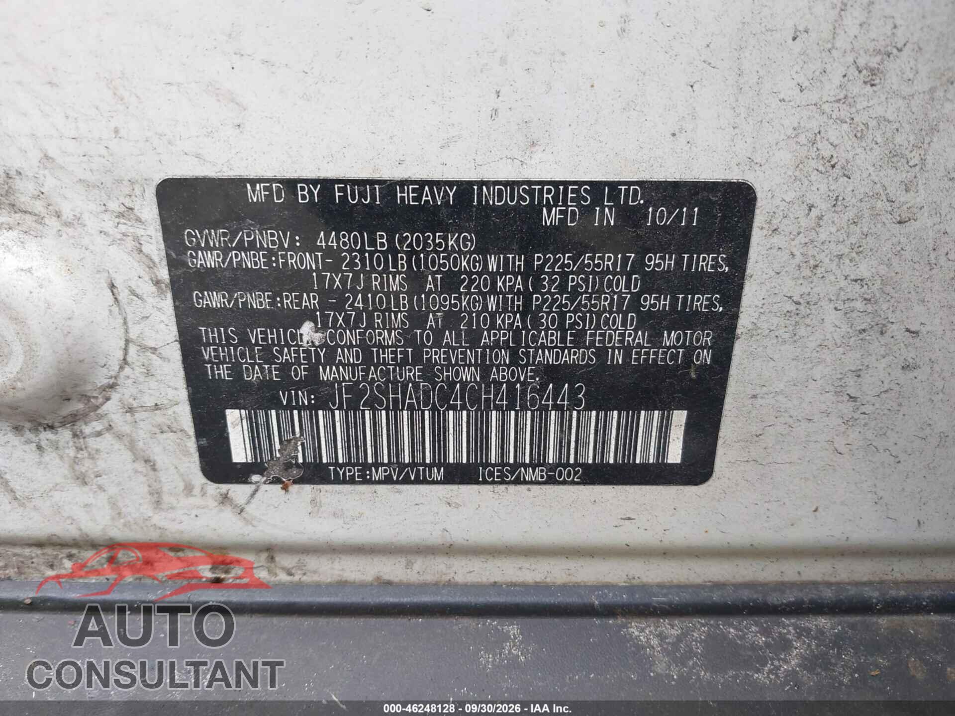 SUBARU FORESTER 2012 - JF2SHADC4CH416443