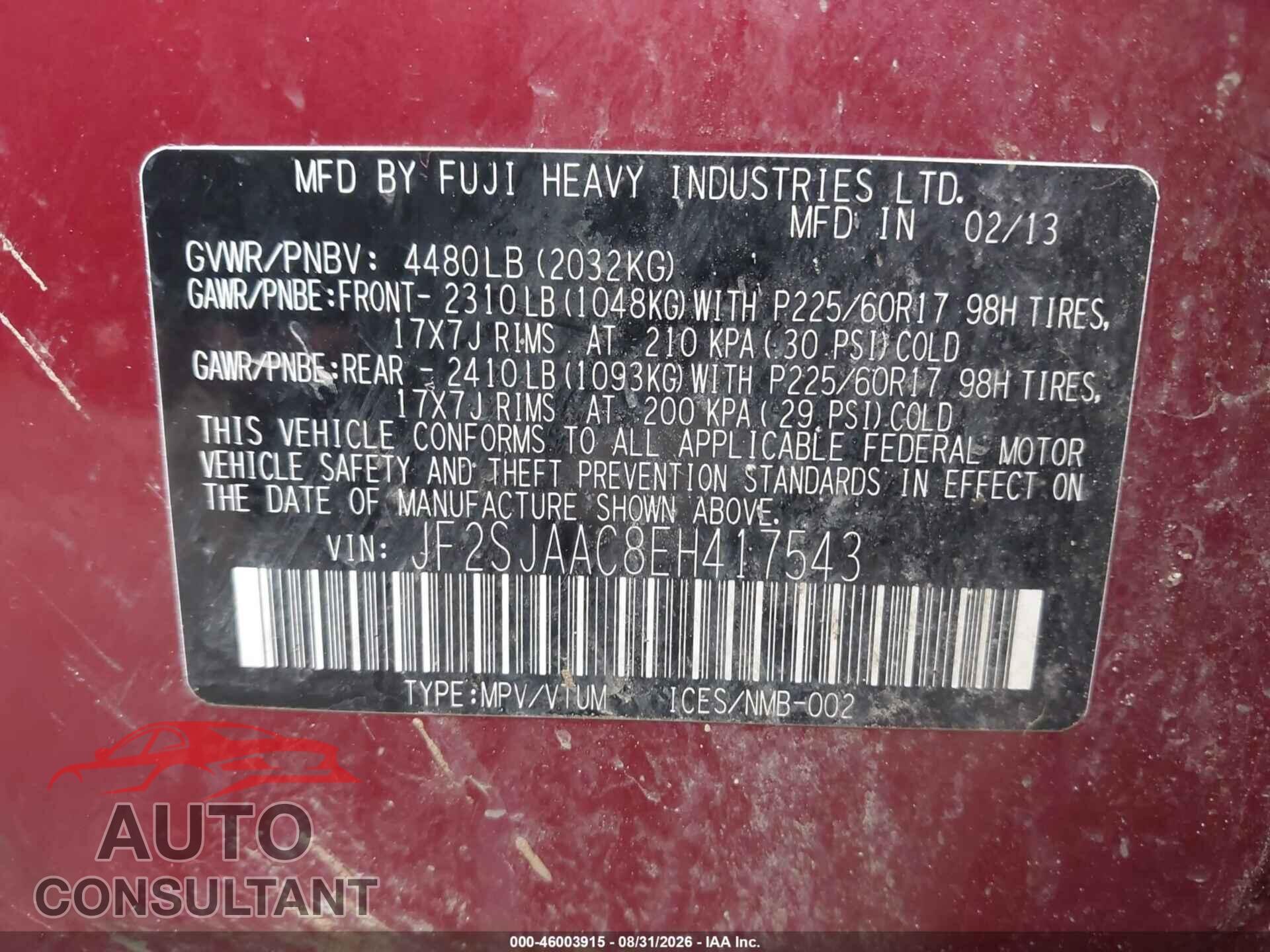 SUBARU FORESTER 2014 - JF2SJAAC8EH417543