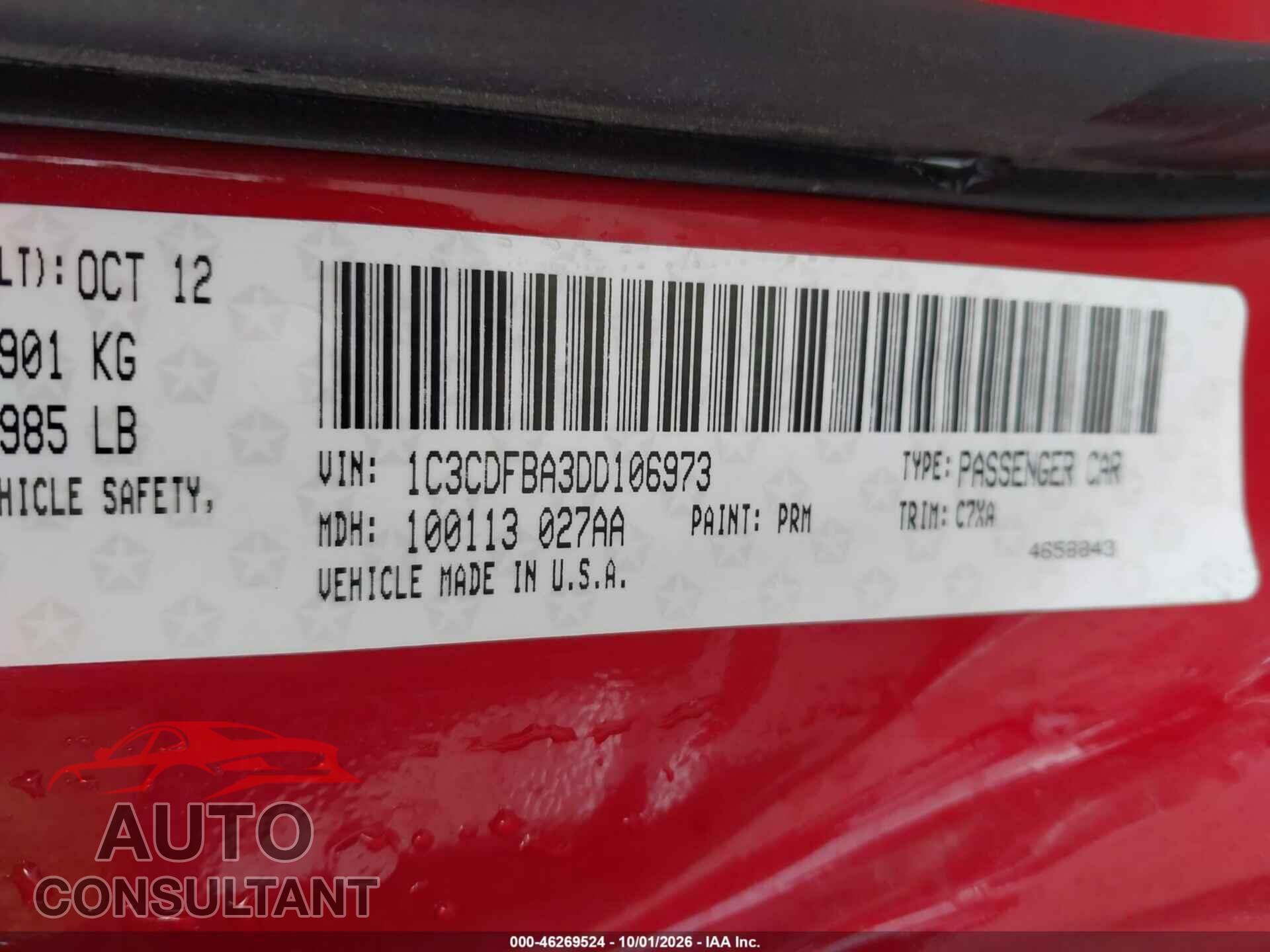 DODGE DART 2013 - 1C3CDFBA3DD106973