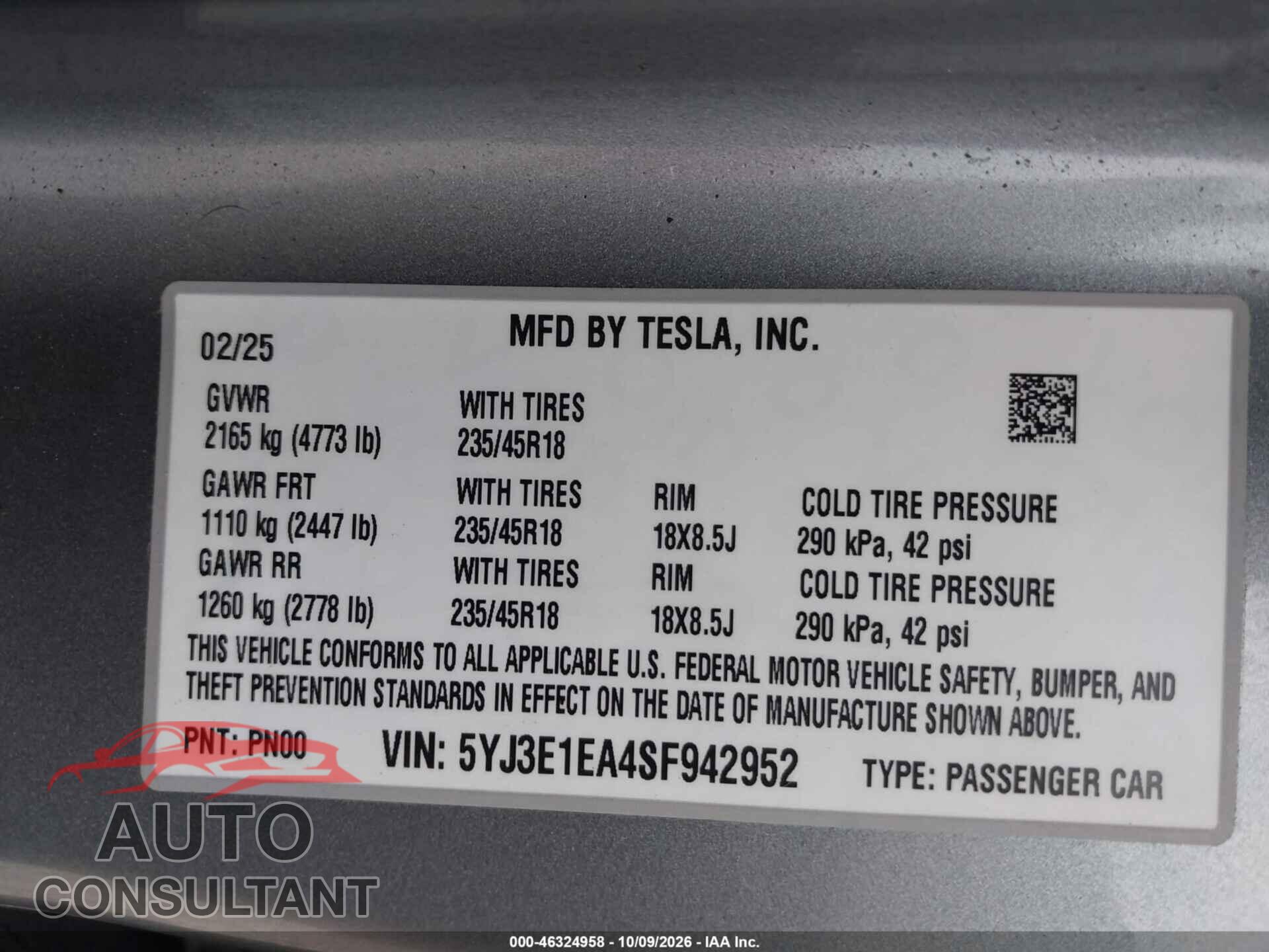 TESLA MODEL 3 2025 - 5YJ3E1EA4SF942952