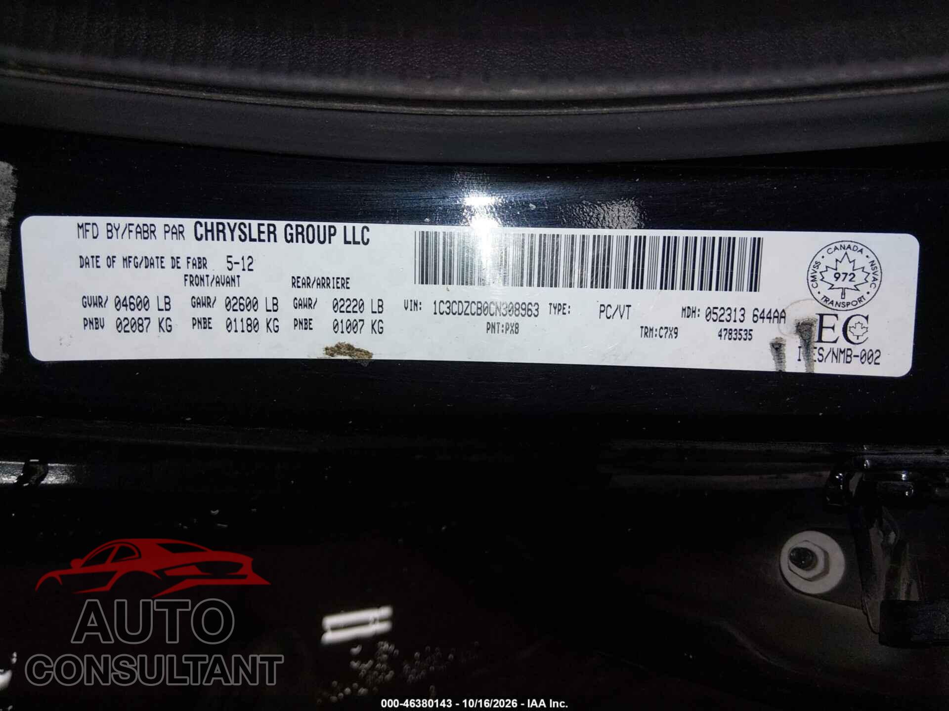DODGE AVENGER 2012 - 1C3CDZCB0CN308963