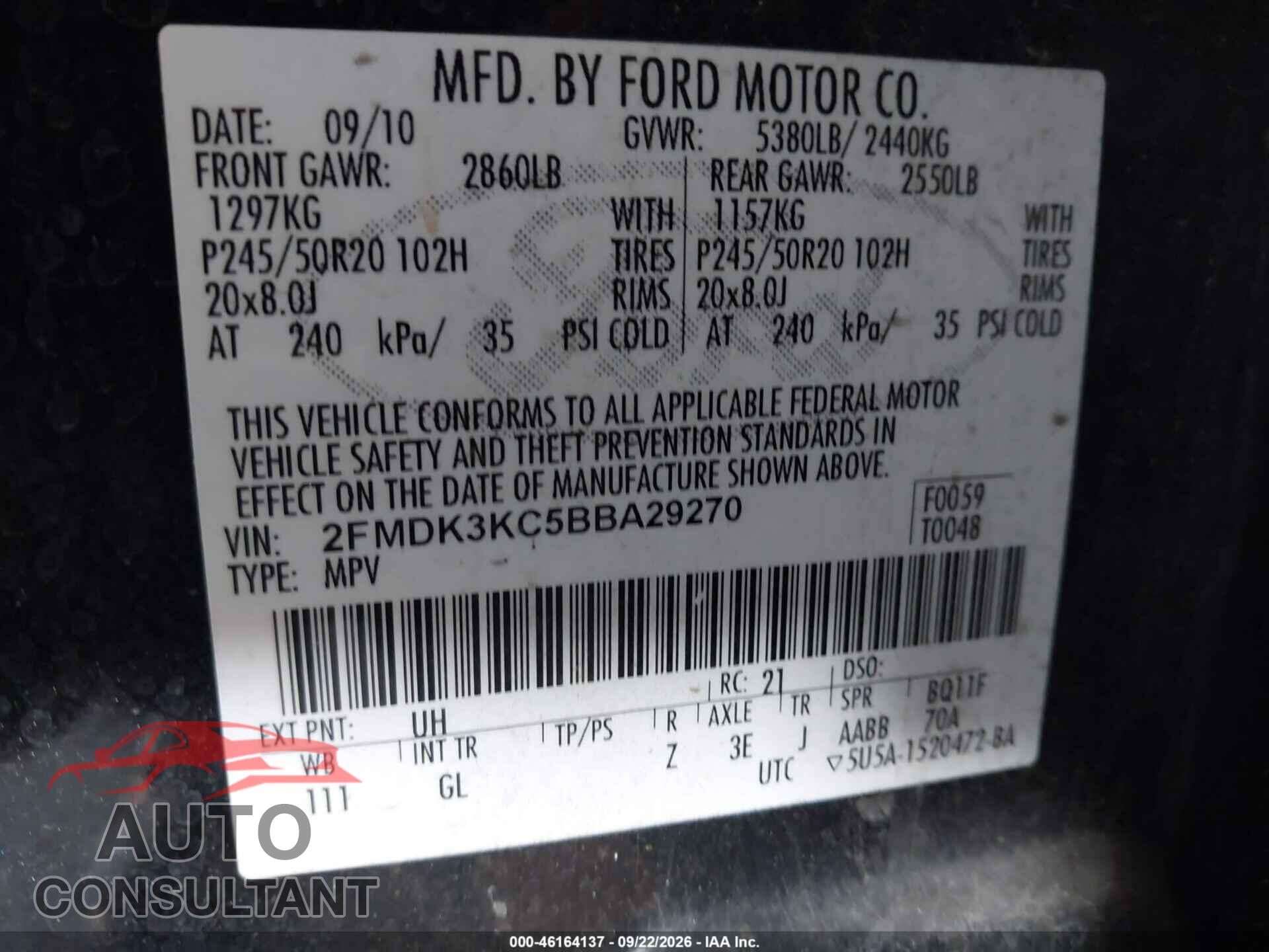 FORD EDGE 2011 - 2FMDK3KC5BBA29270