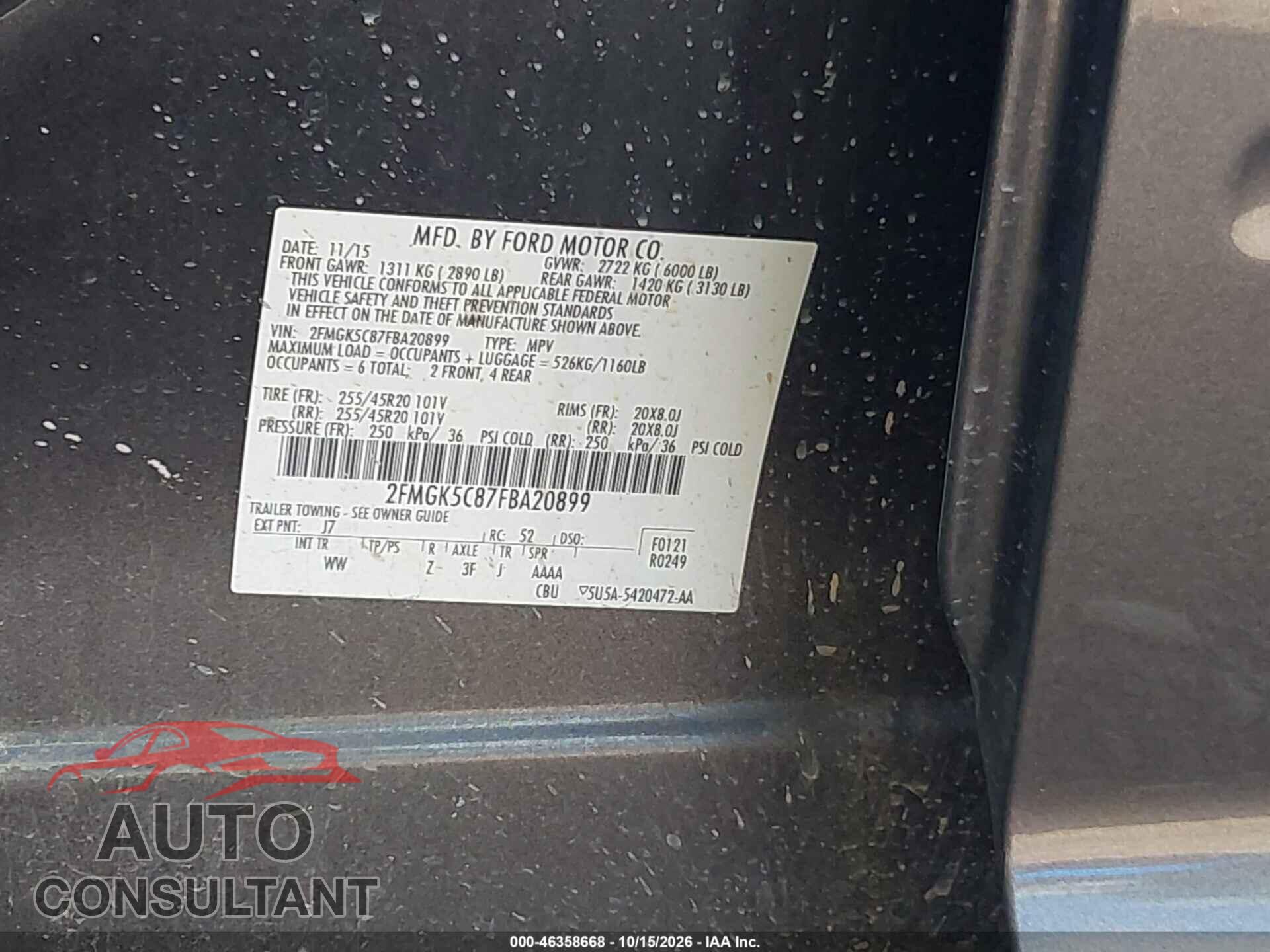 FORD FLEX 2015 - 2FMGK5C87FBA20899