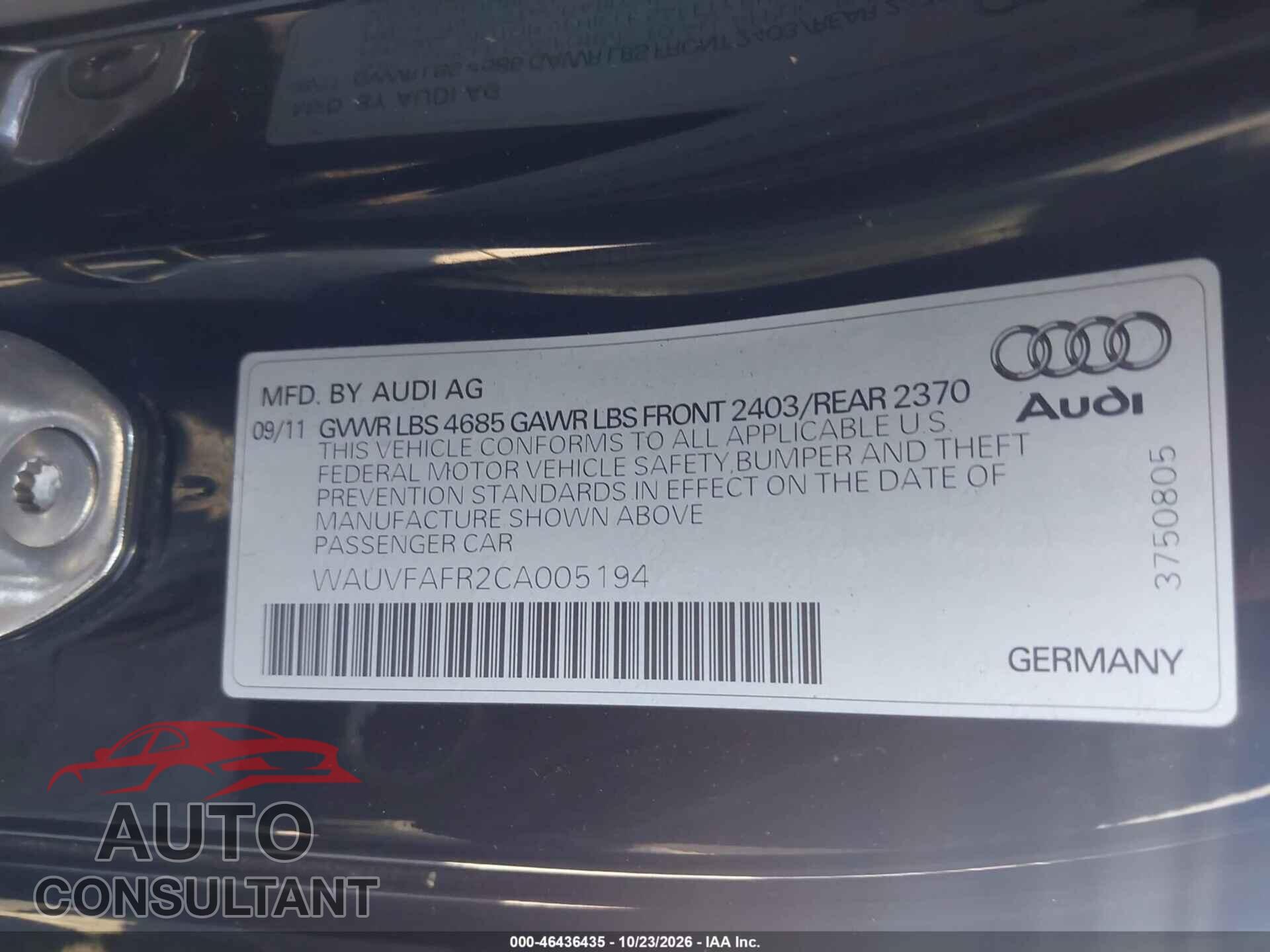 AUDI A5 2012 - WAUVFAFR2CA005194