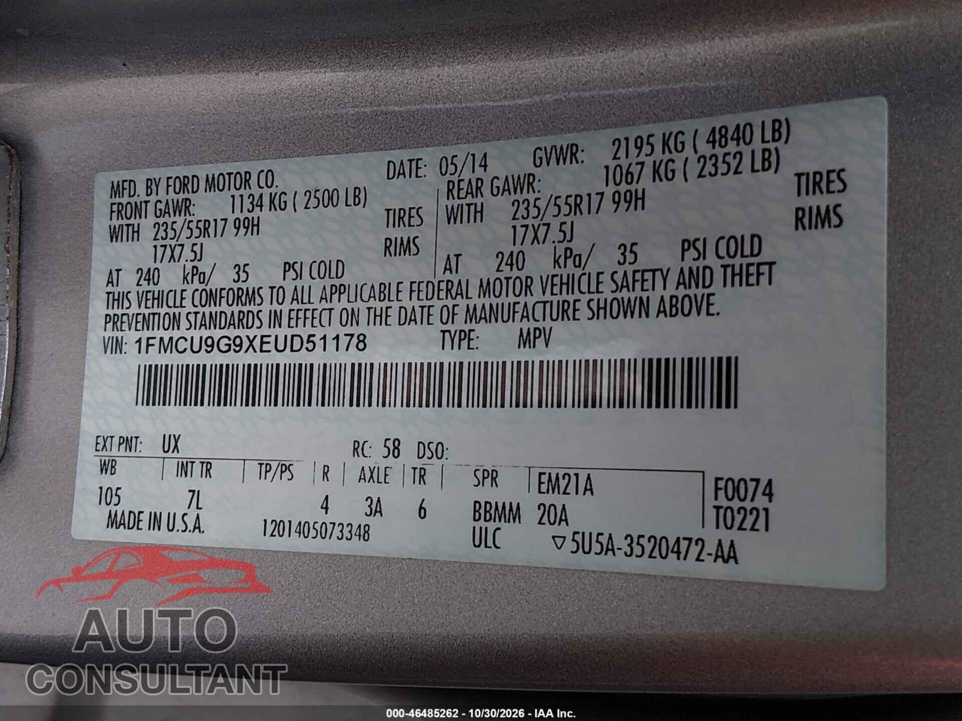 FORD ESCAPE 2014 - 1FMCU9G9XEUD51178