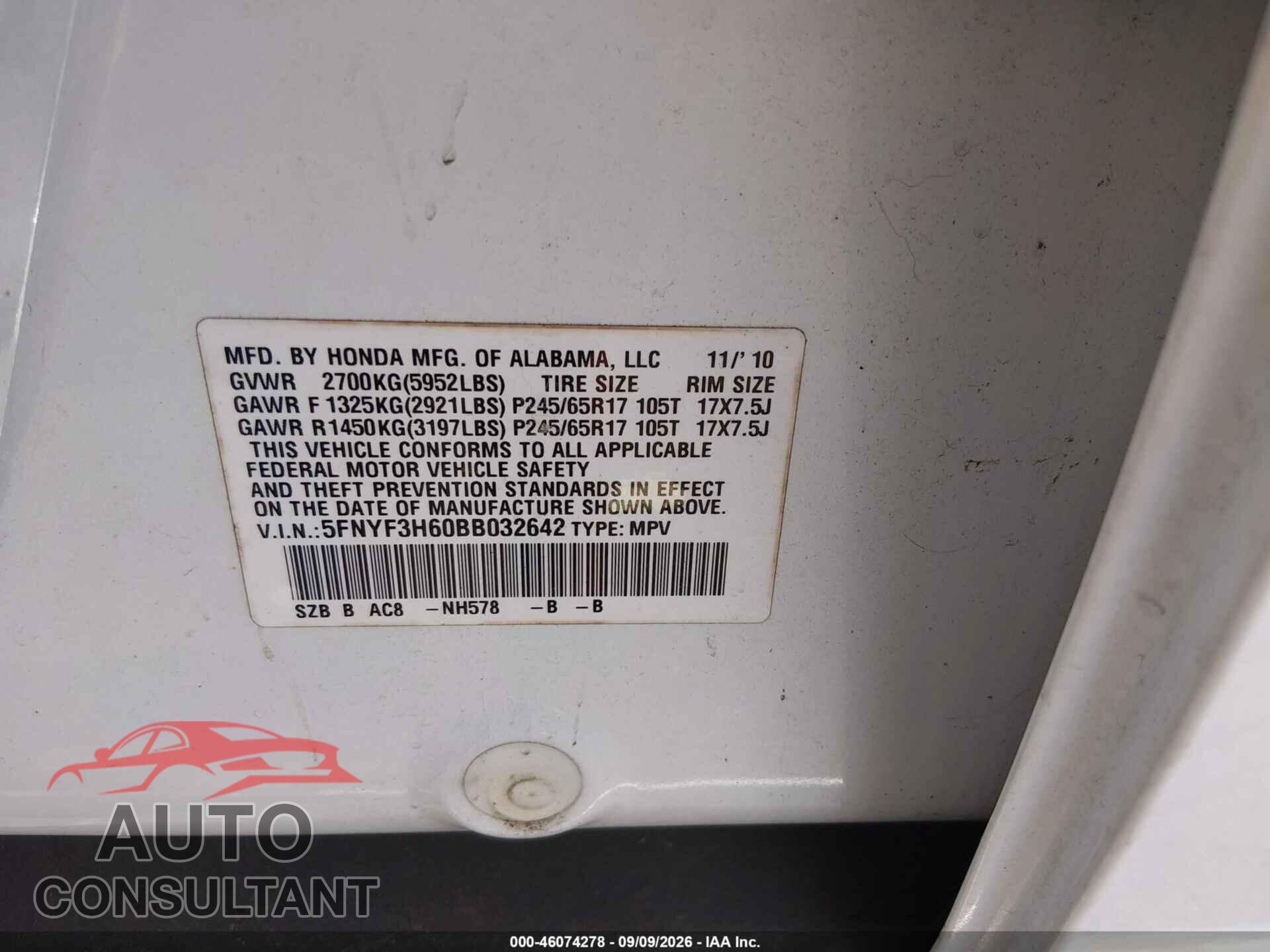 HONDA PILOT 2011 - 5FNYF3H60BB032642