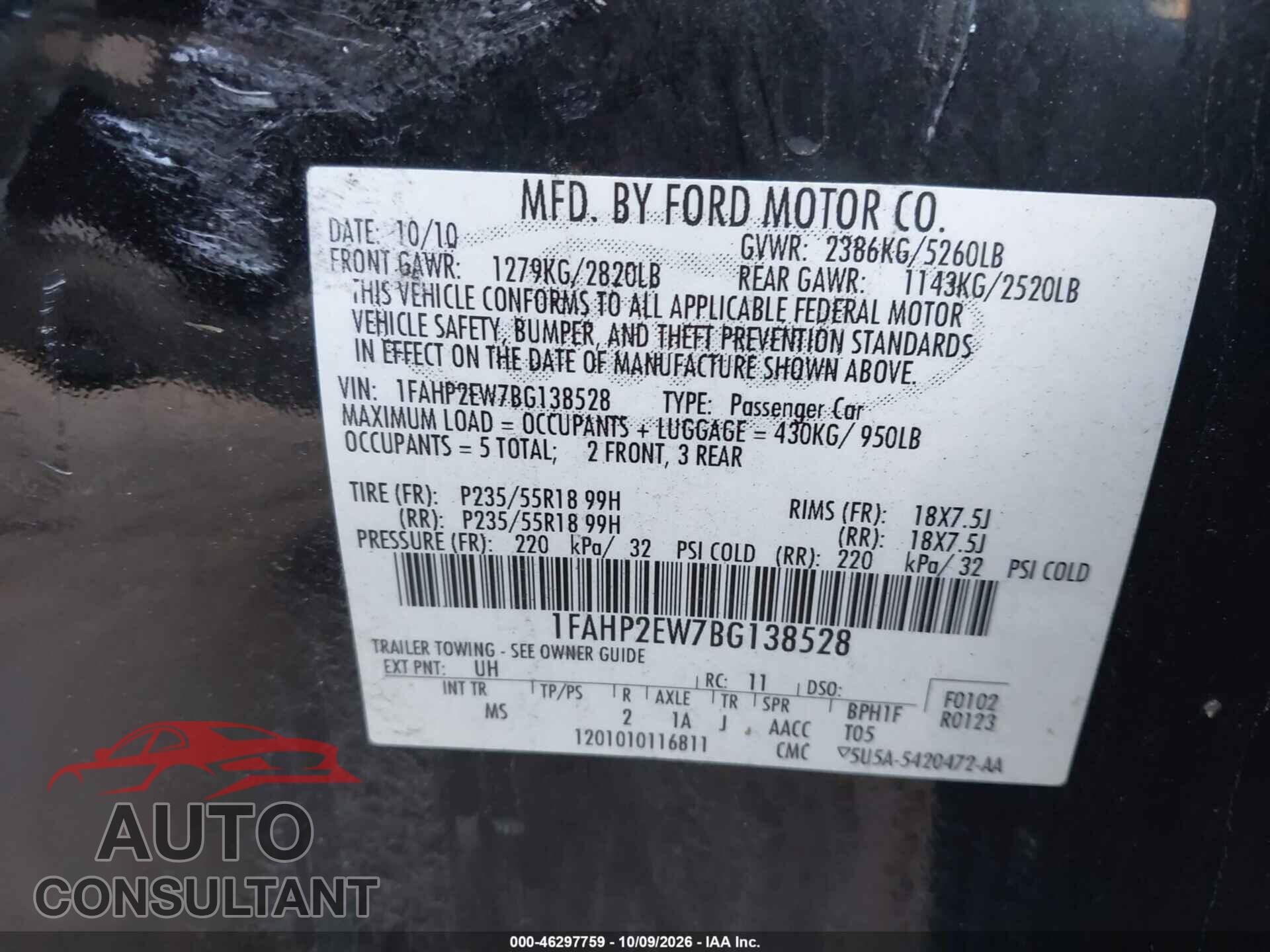 FORD TAURUS 2011 - 1FAHP2EW7BG138528