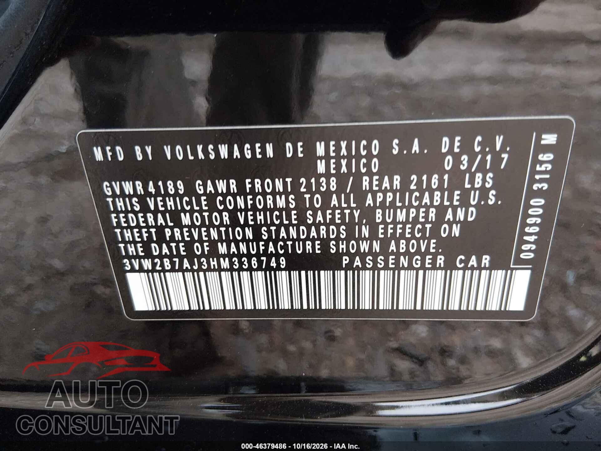 VOLKSWAGEN JETTA 2017 - 3VW2B7AJ3HM336749
