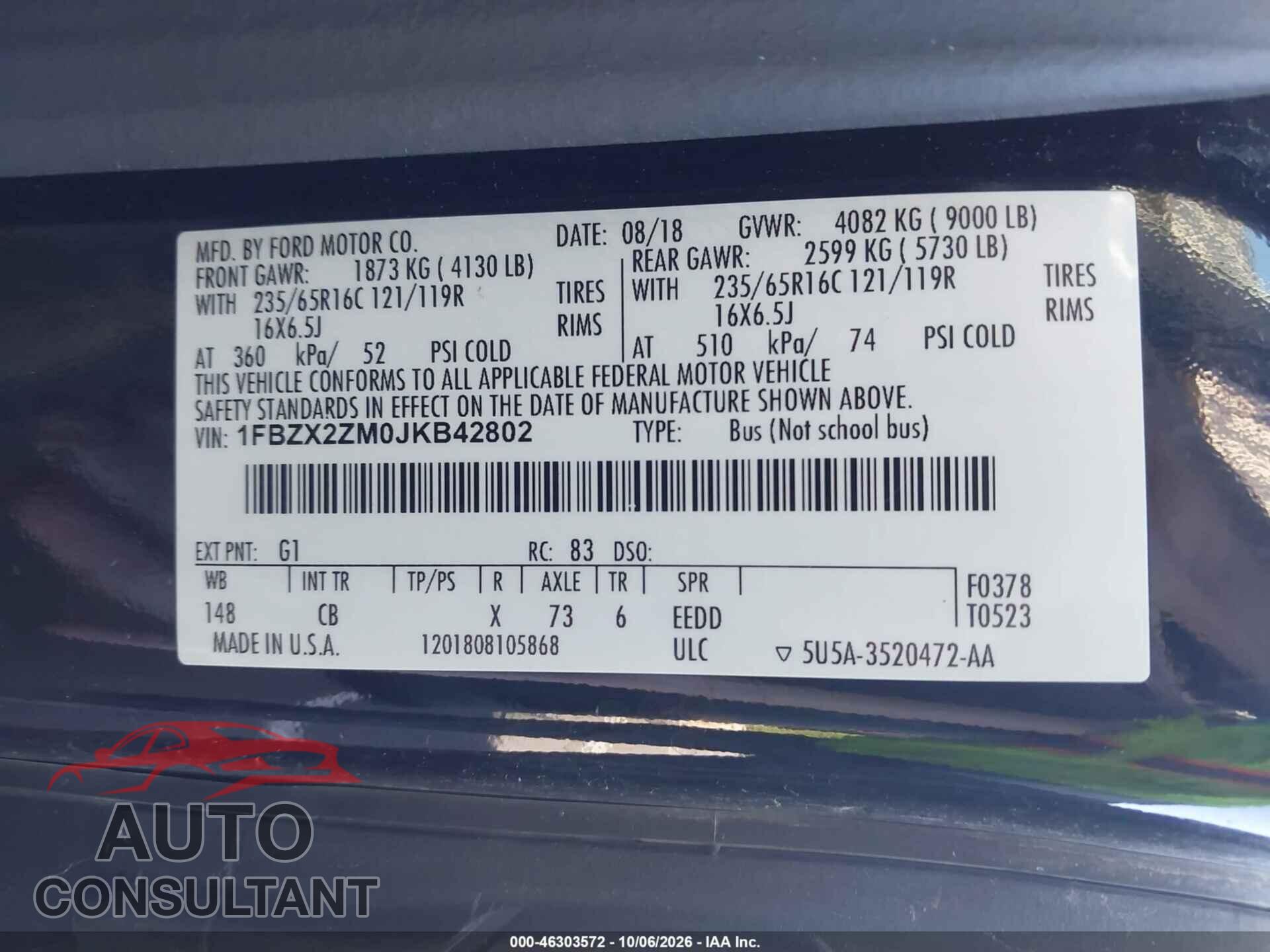 FORD TRANSIT-350 2018 - 1FBZX2ZM0JKB42802