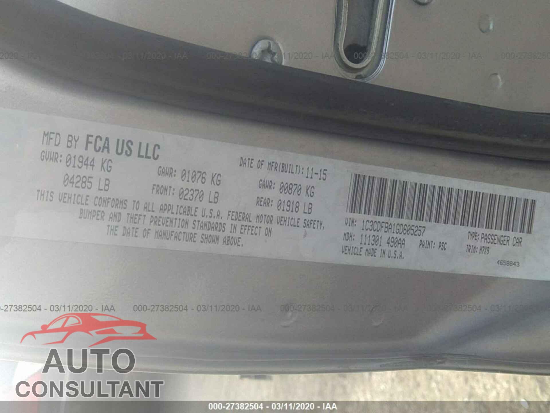 DODGE DART 2016 - 1C3CDFBA1GD605257