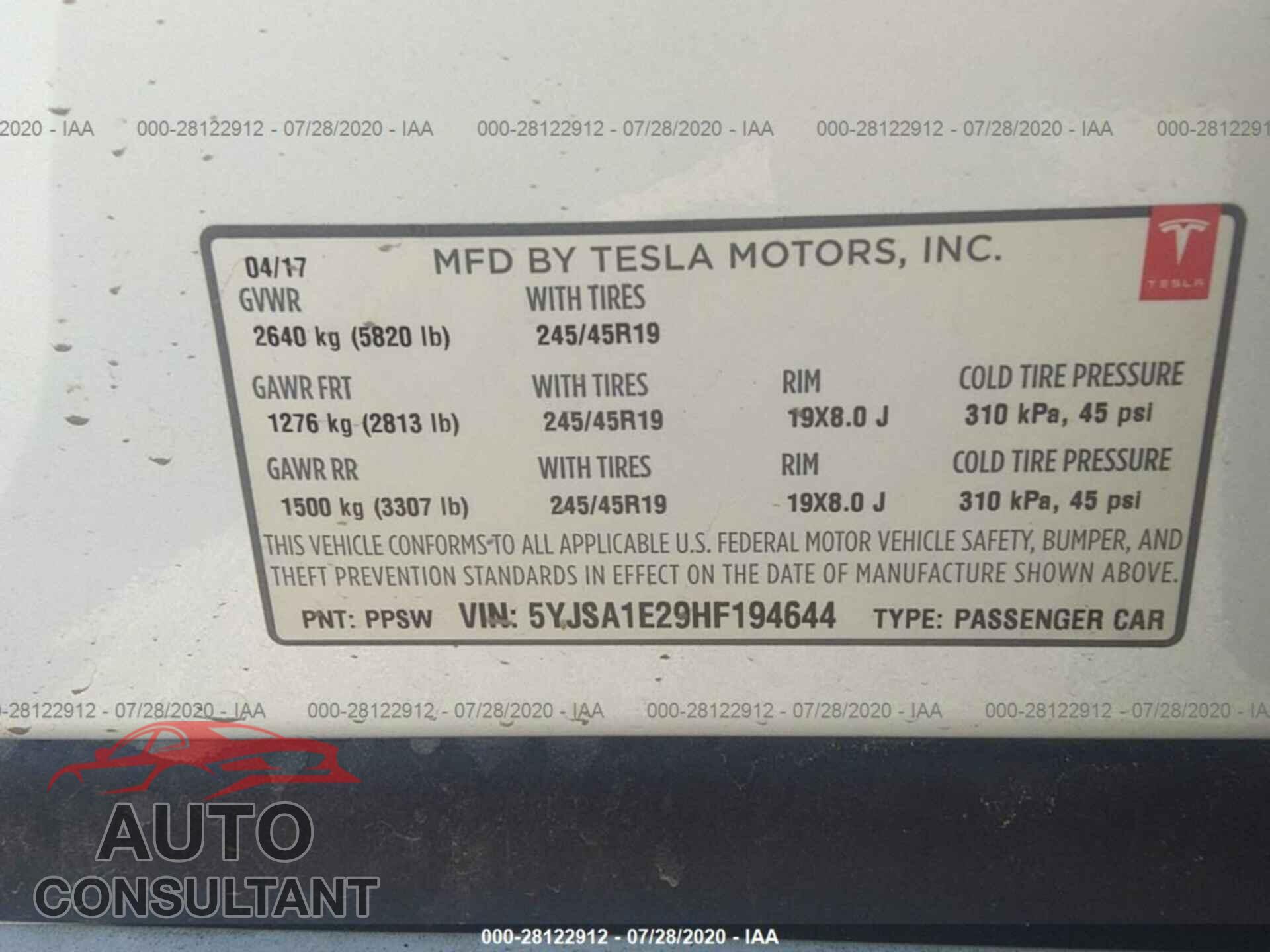 TESLA MODEL S 2017 - 5YJSA1E29HF194644