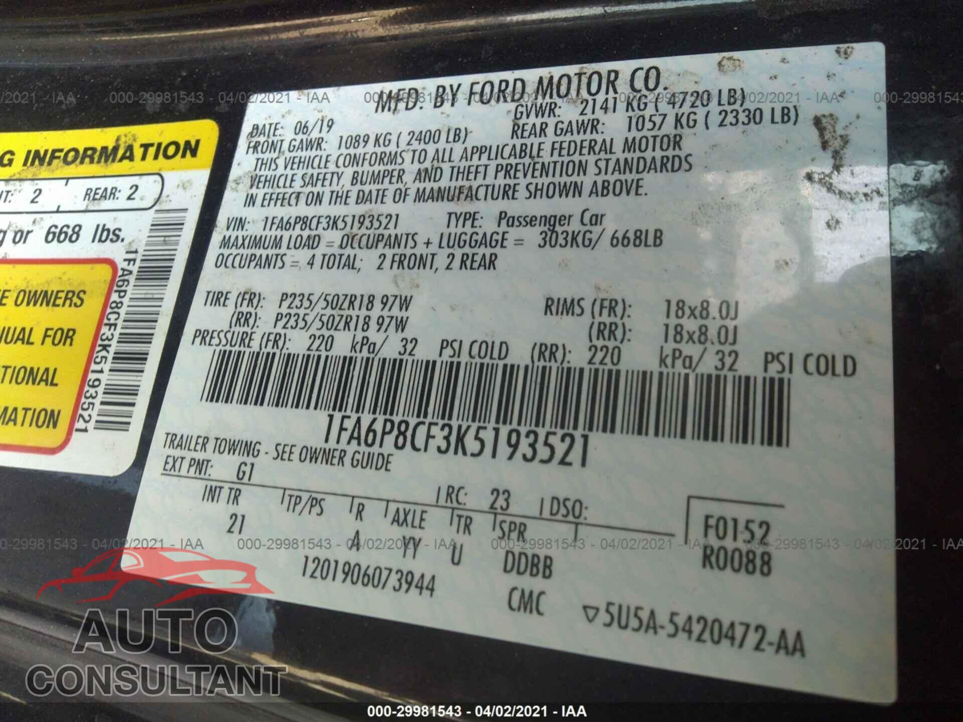 FORD MUSTANG 2019 - 1FA6P8CF3K5193521