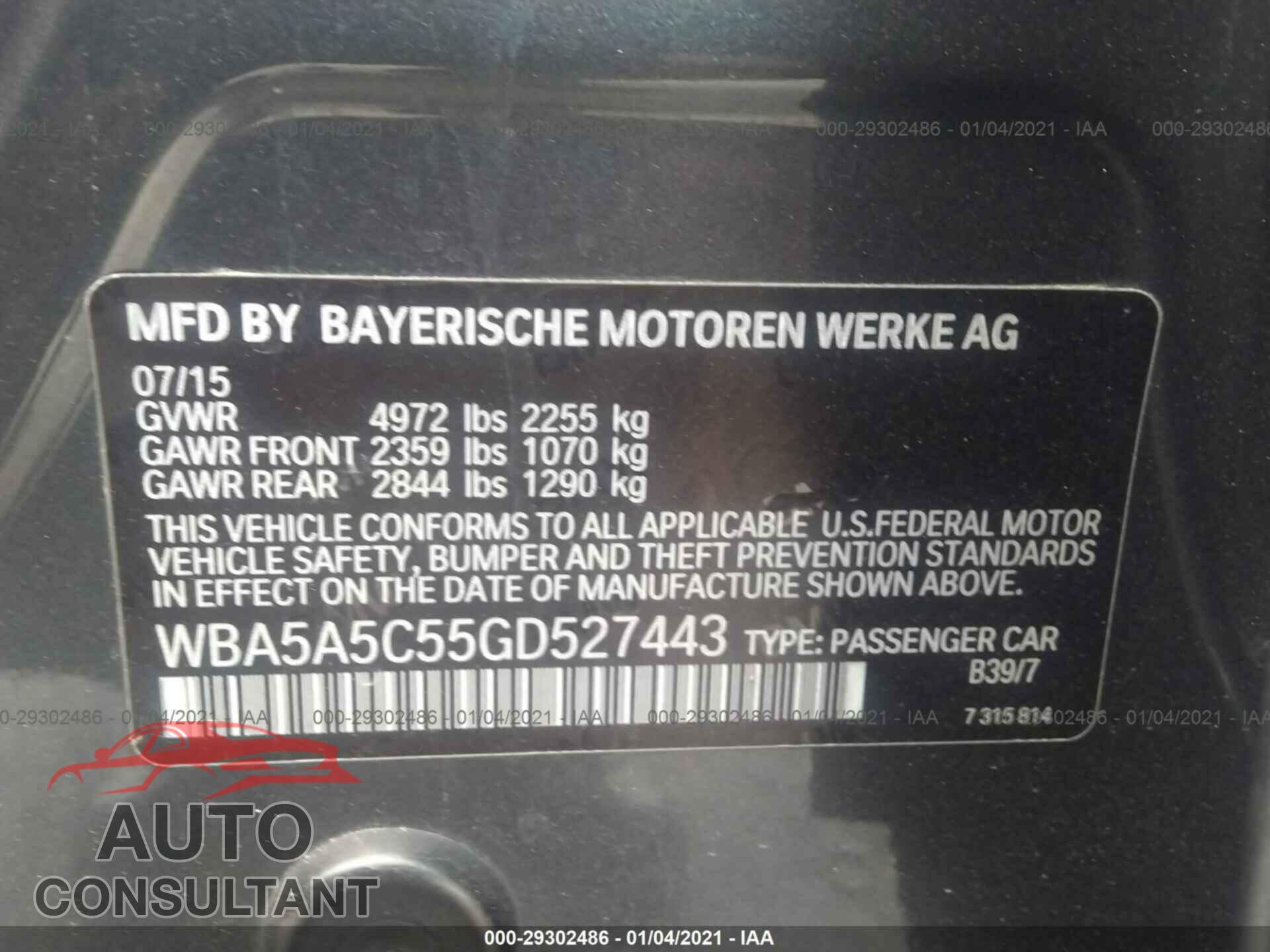 BMW 5 SERIES 2016 - WBA5A5C55GD527443