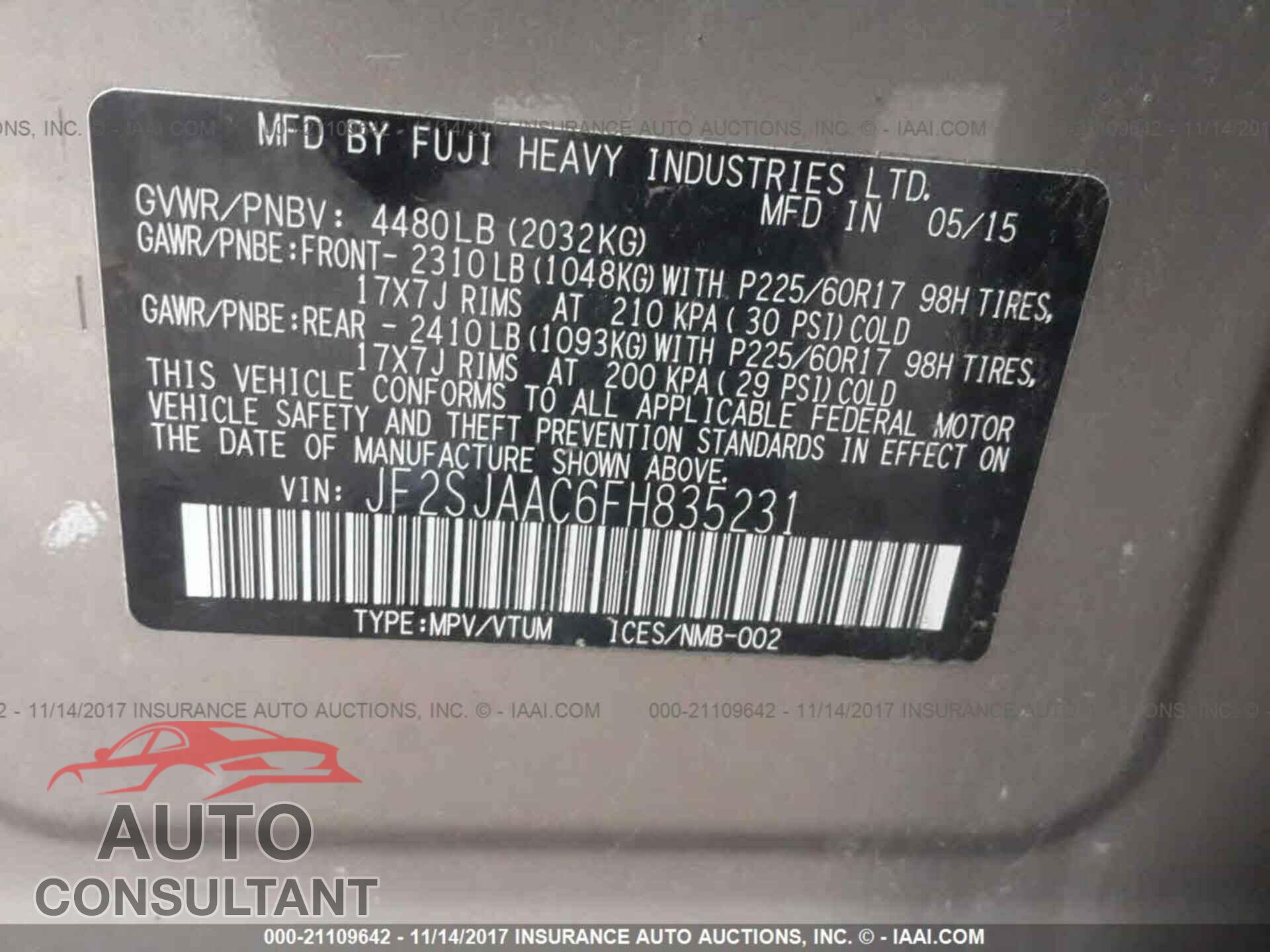Subaru Forester 2015 - JF2SJAAC6FH835231