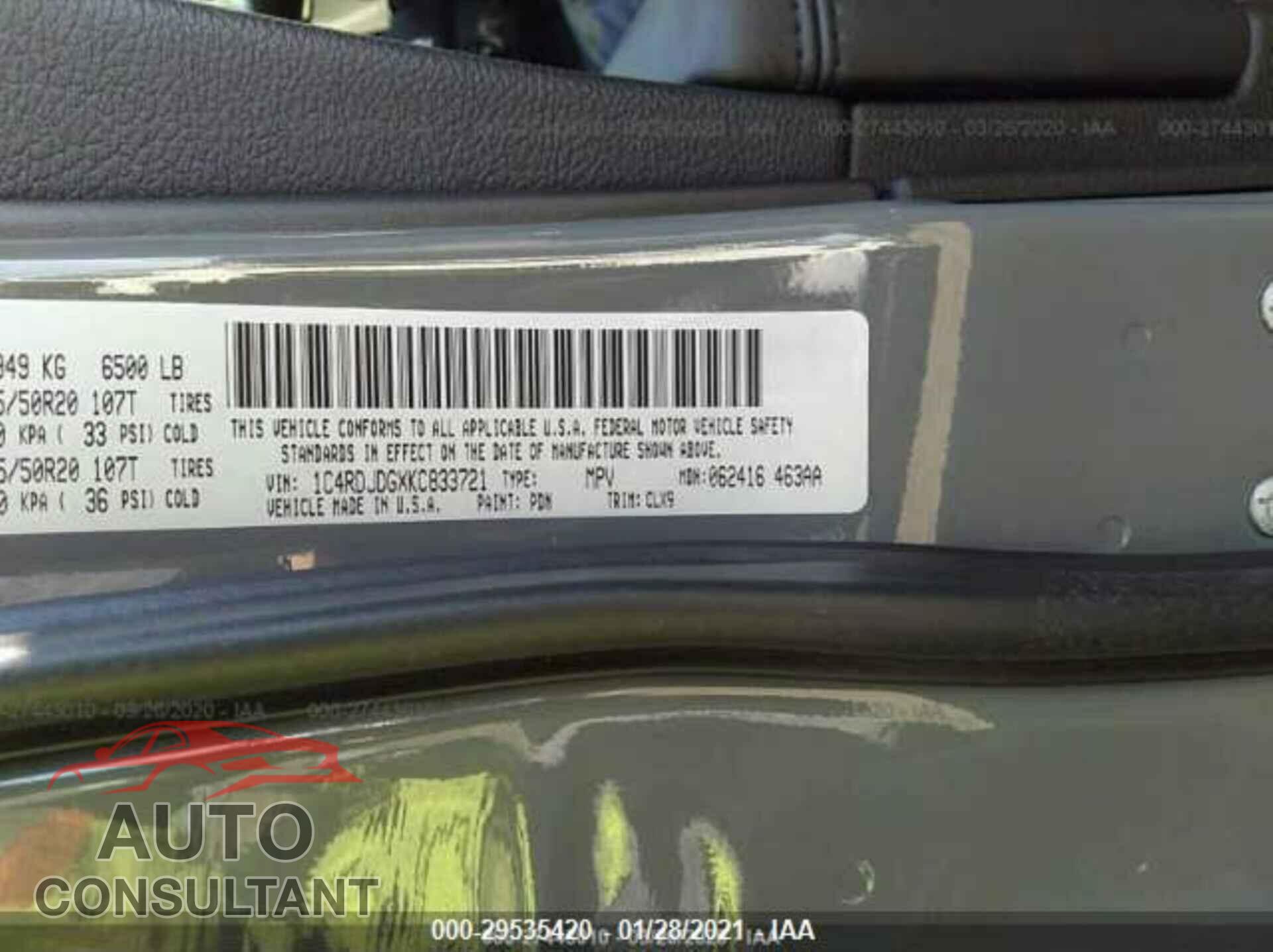 DODGE DURANGO 2019 - 1C4RDJDGXKC833721