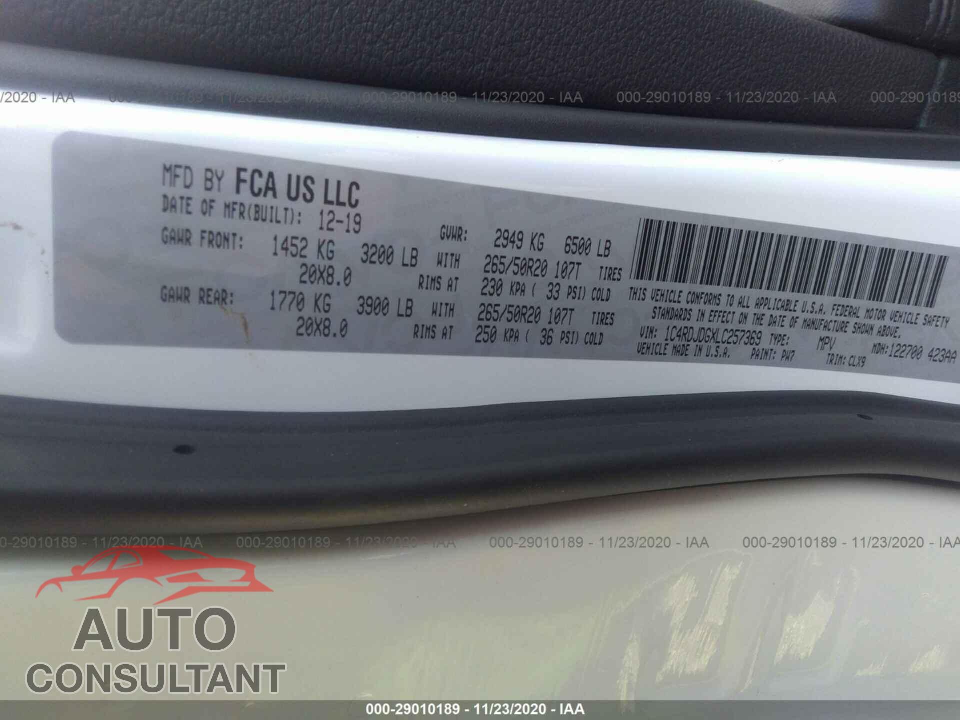 DODGE DURANGO 2020 - 1C4RDJDGXLC257369