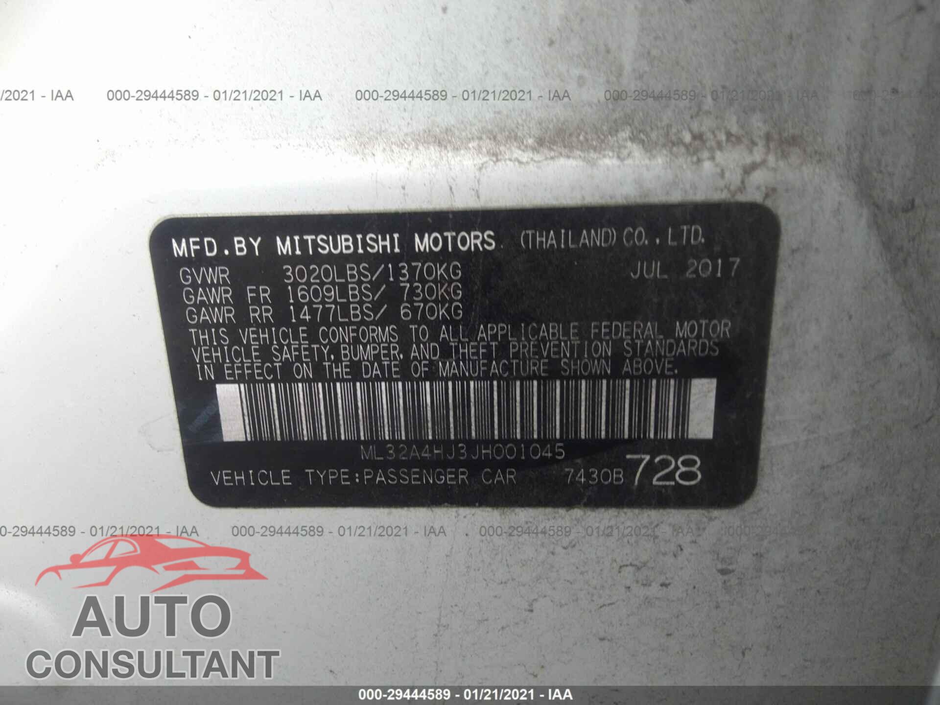 MITSUBISHI MIRAGE 2018 - ML32A4HJ3JH001045