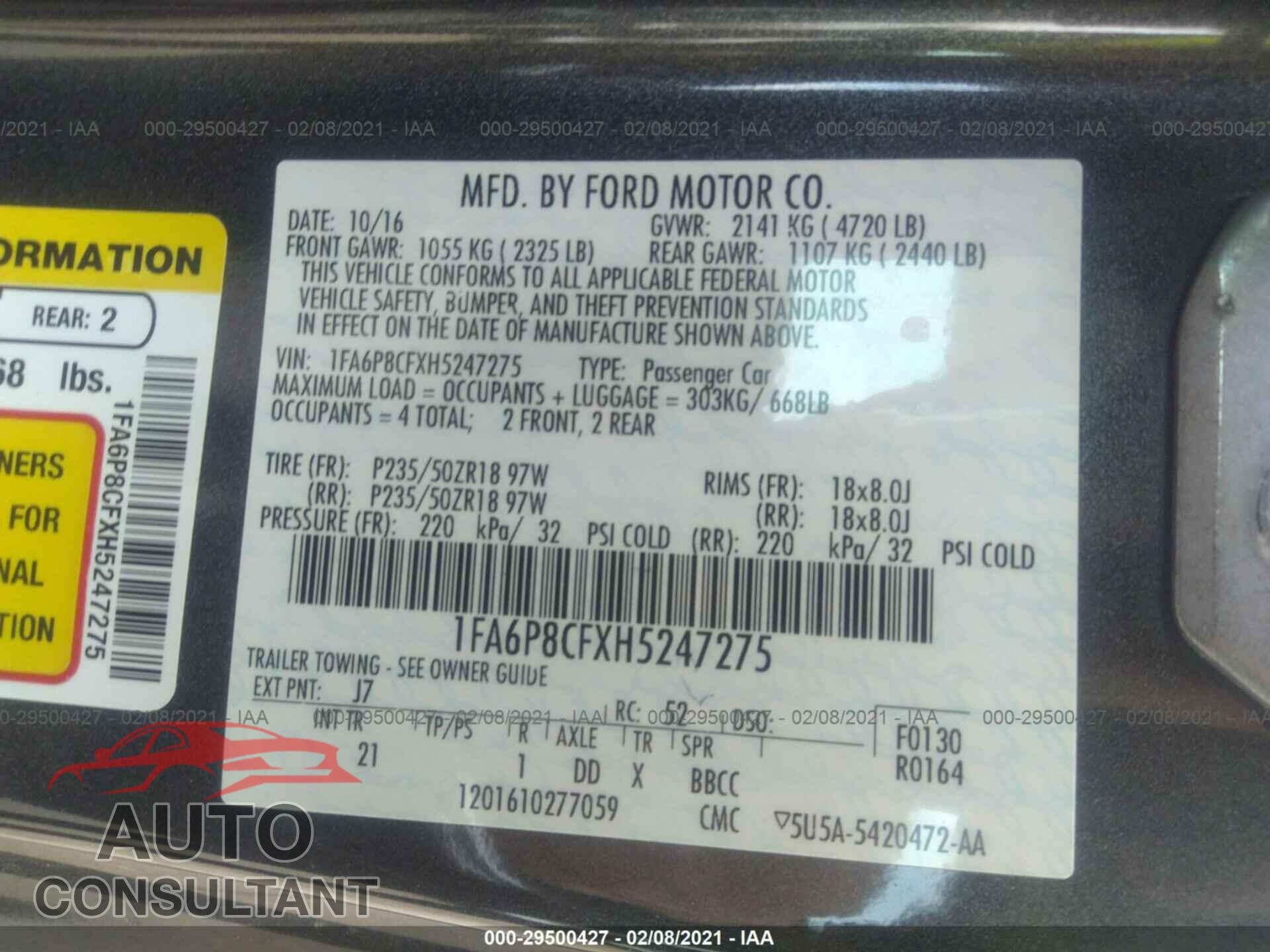 FORD MUSTANG 2017 - 1FA6P8CFXH5247275