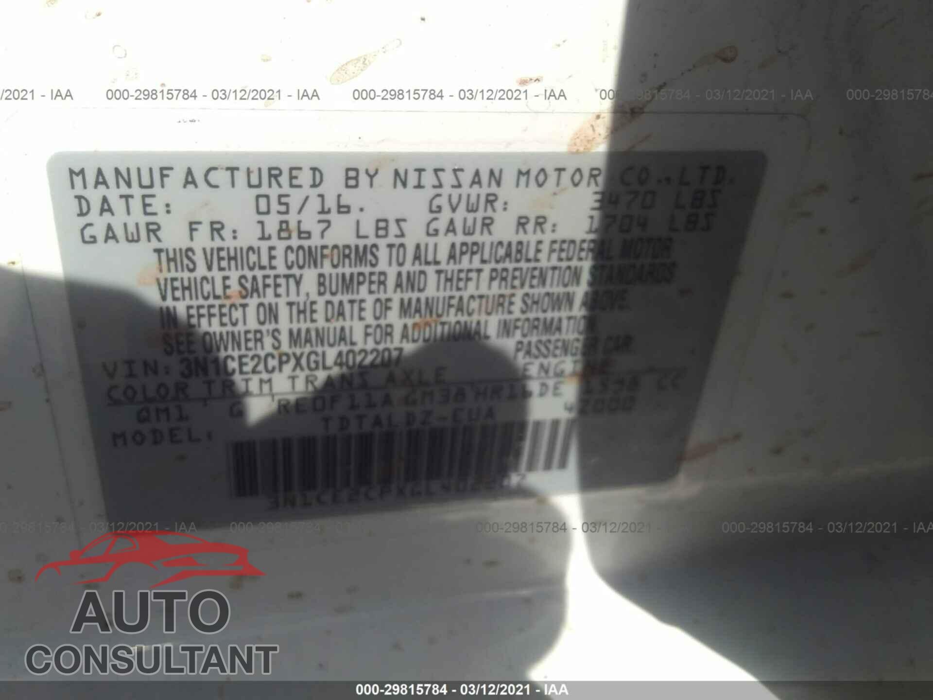 NISSAN VERSA NOTE 2016 - 3N1CE2CPXGL402207