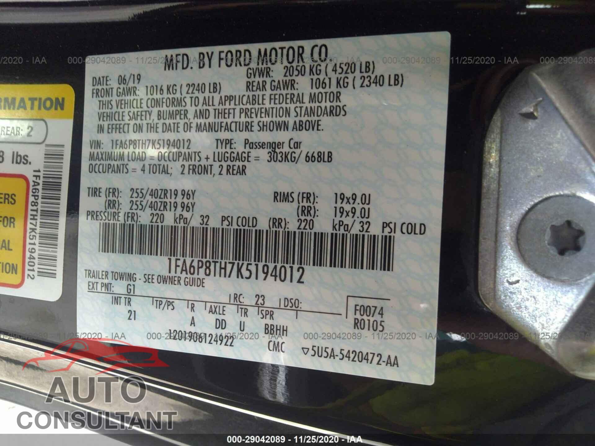 FORD MUSTANG 2019 - 1FA6P8TH7K5194012