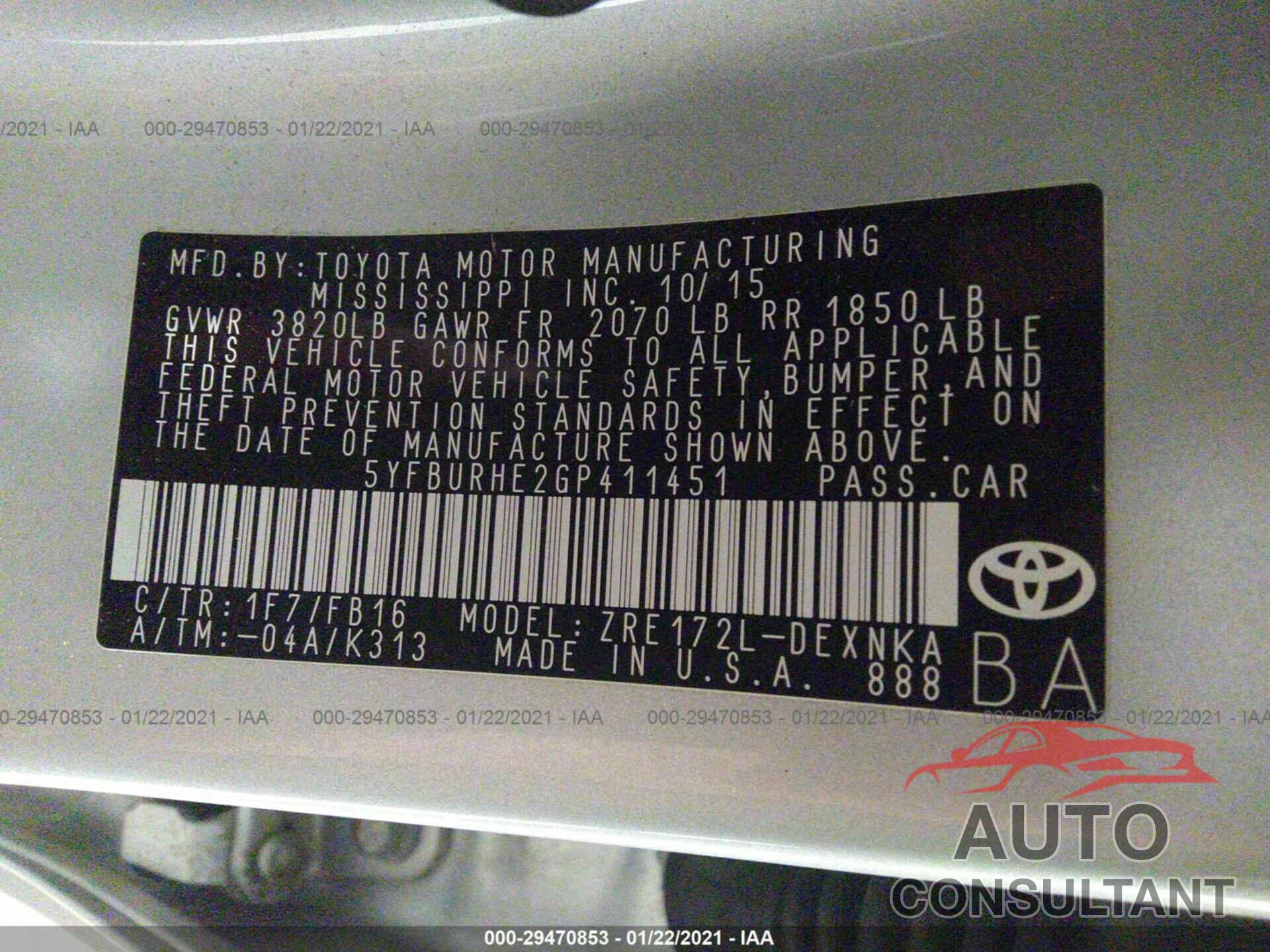 TOYOTA COROLLA 2016 - 5YFBURHE2GP411451