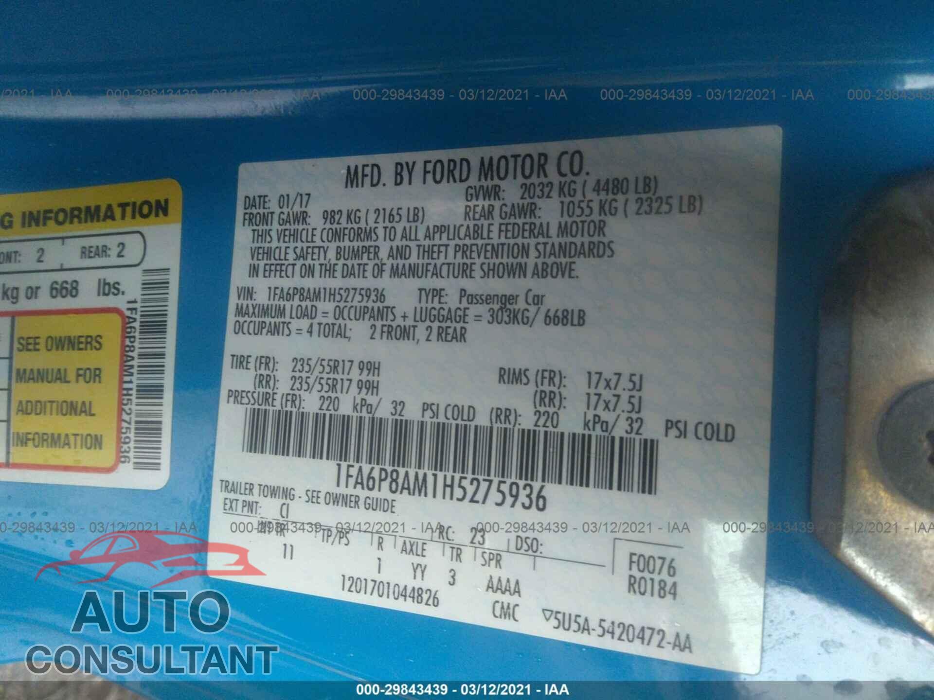FORD MUSTANG 2017 - 1FA6P8AM1H5275936