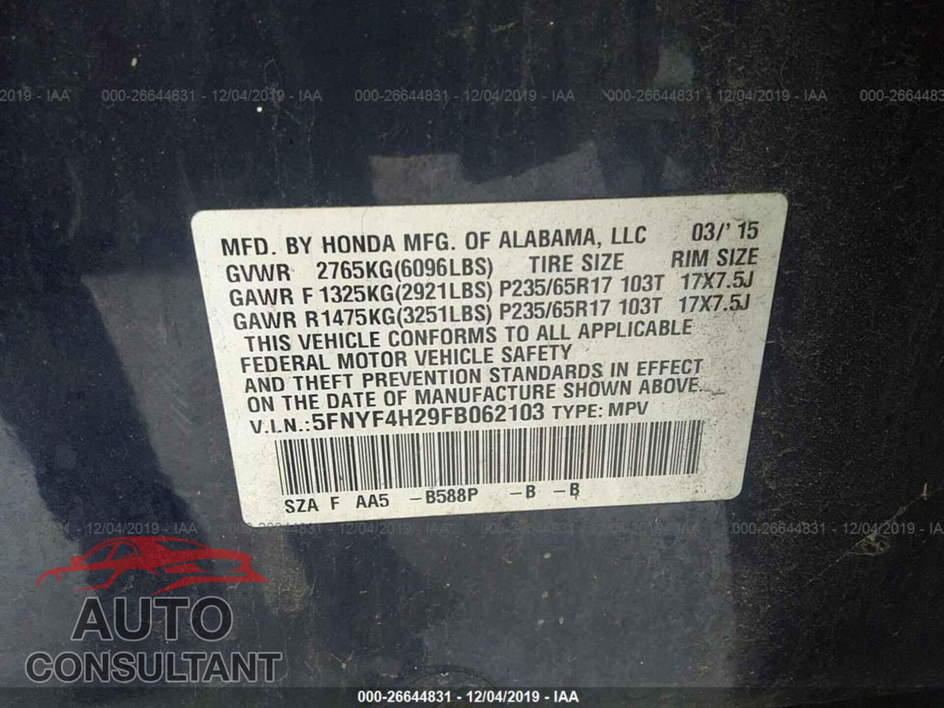 HONDA PILOT 2015 - 5FNYF4H29FB062103