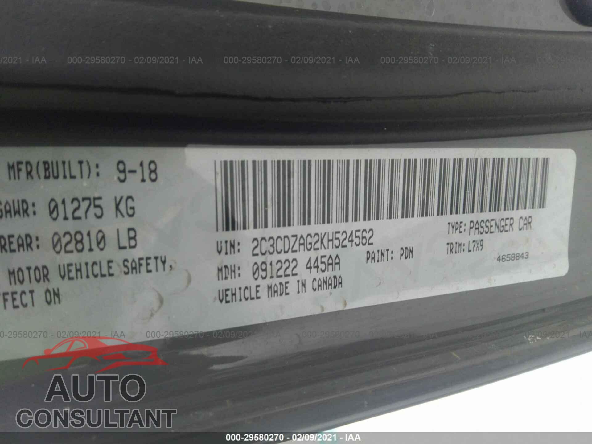 DODGE CHALLENGER 2019 - 2C3CDZAG2KH524562