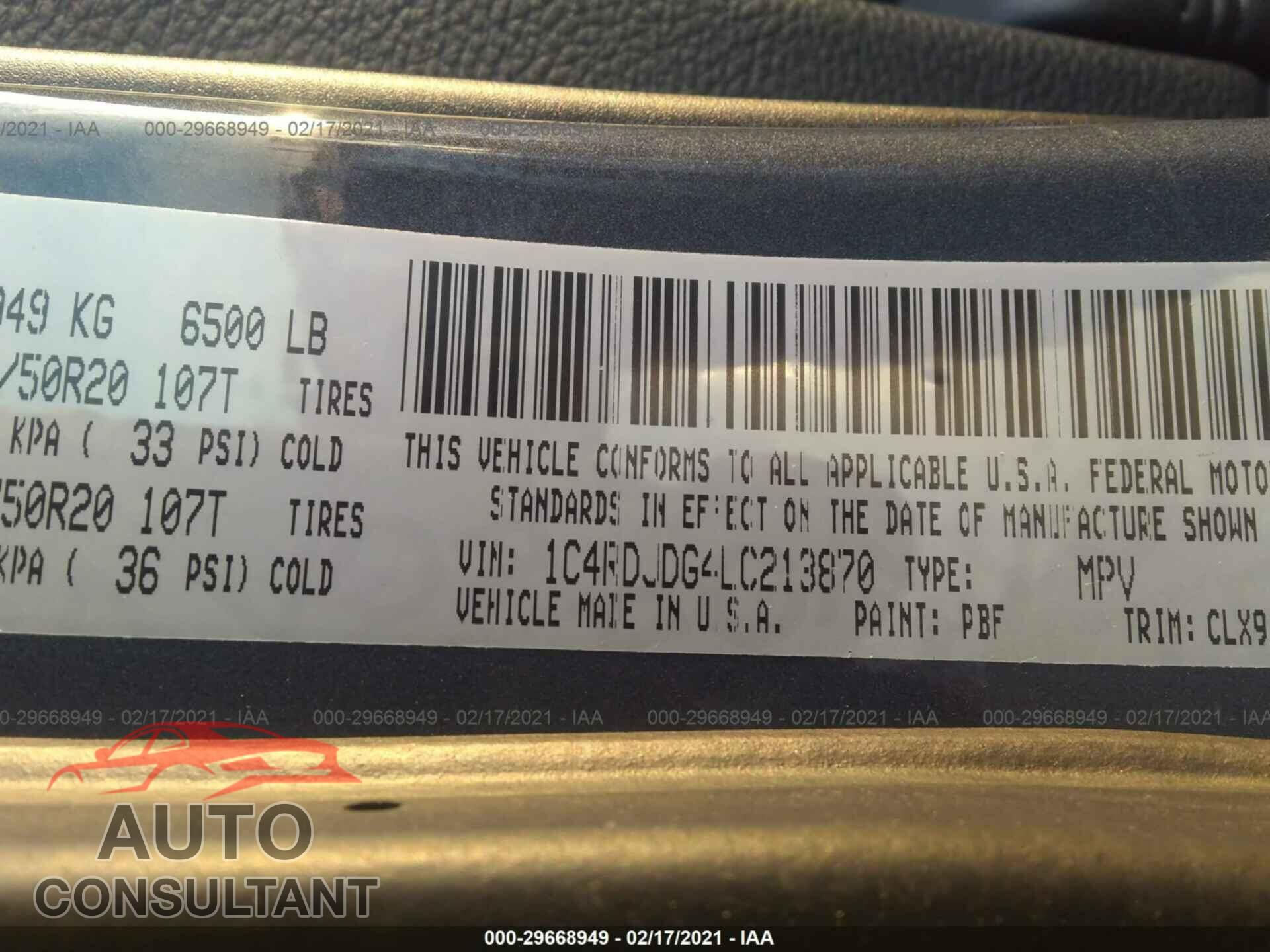 DODGE DURANGO 2020 - 1C4RDJDG4LC213870