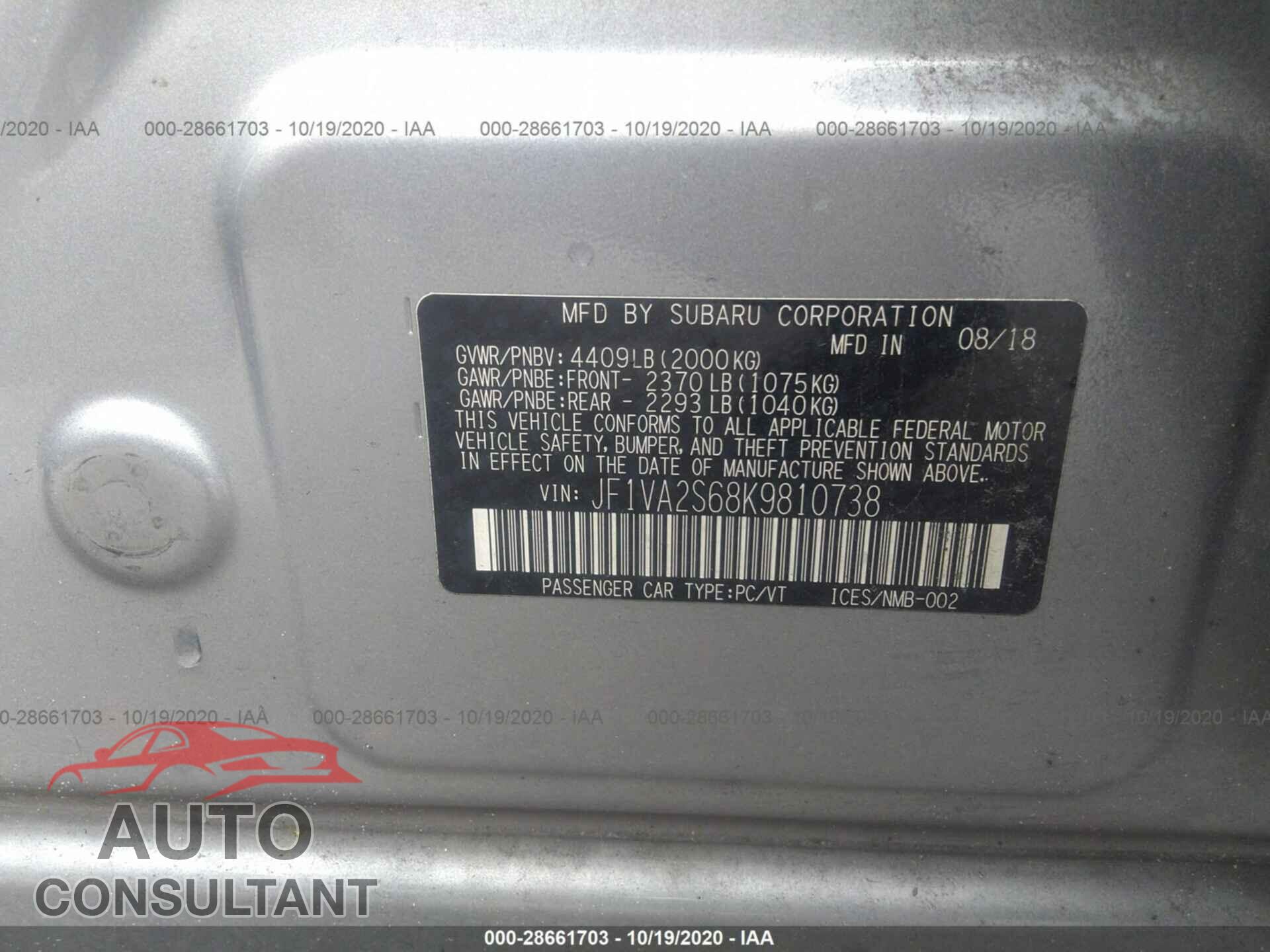 SUBARU WRX 2019 - JF1VA2S68K9810738