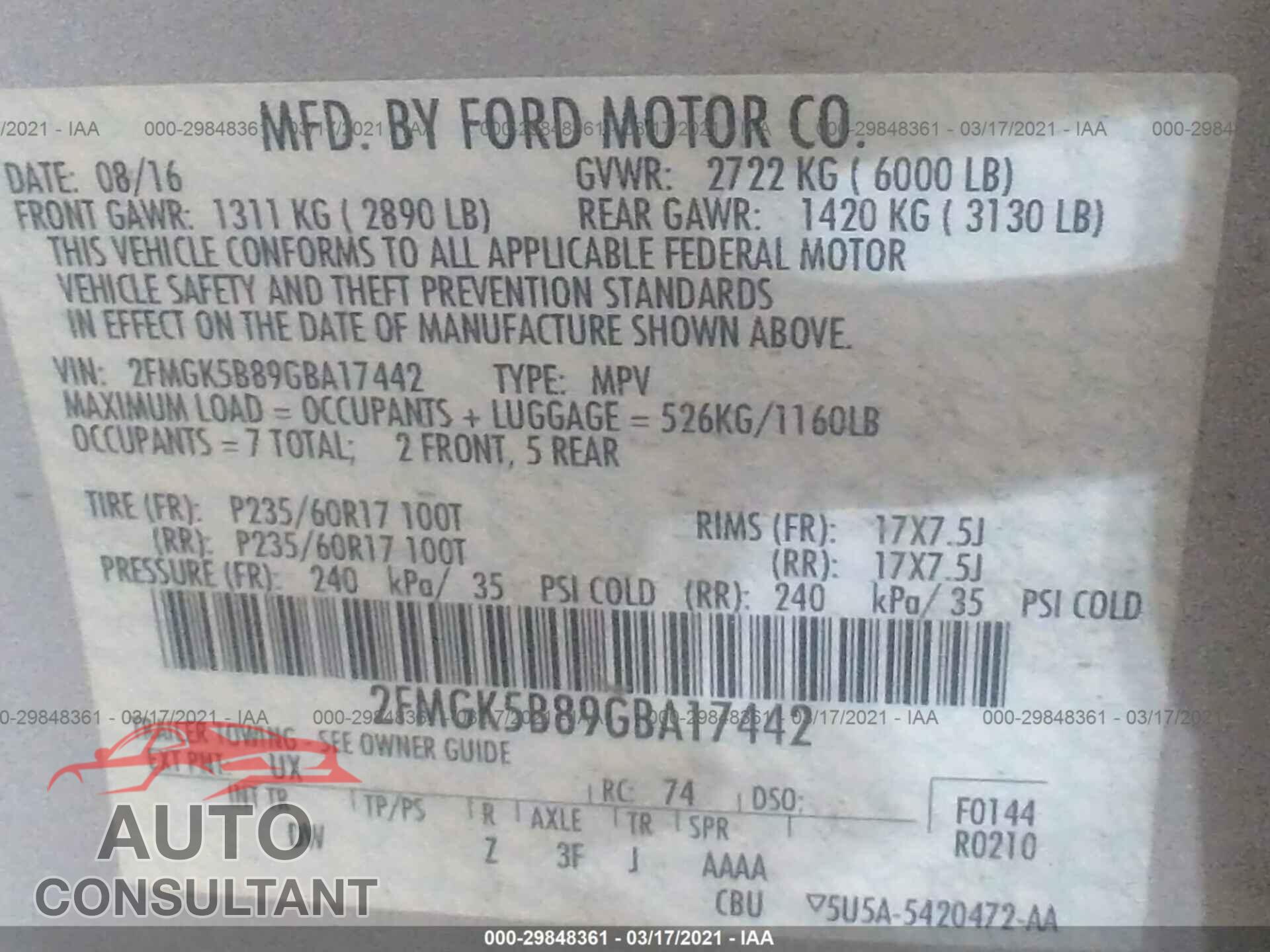 FORD FLEX 2016 - 2FMGK5B89GBA17442