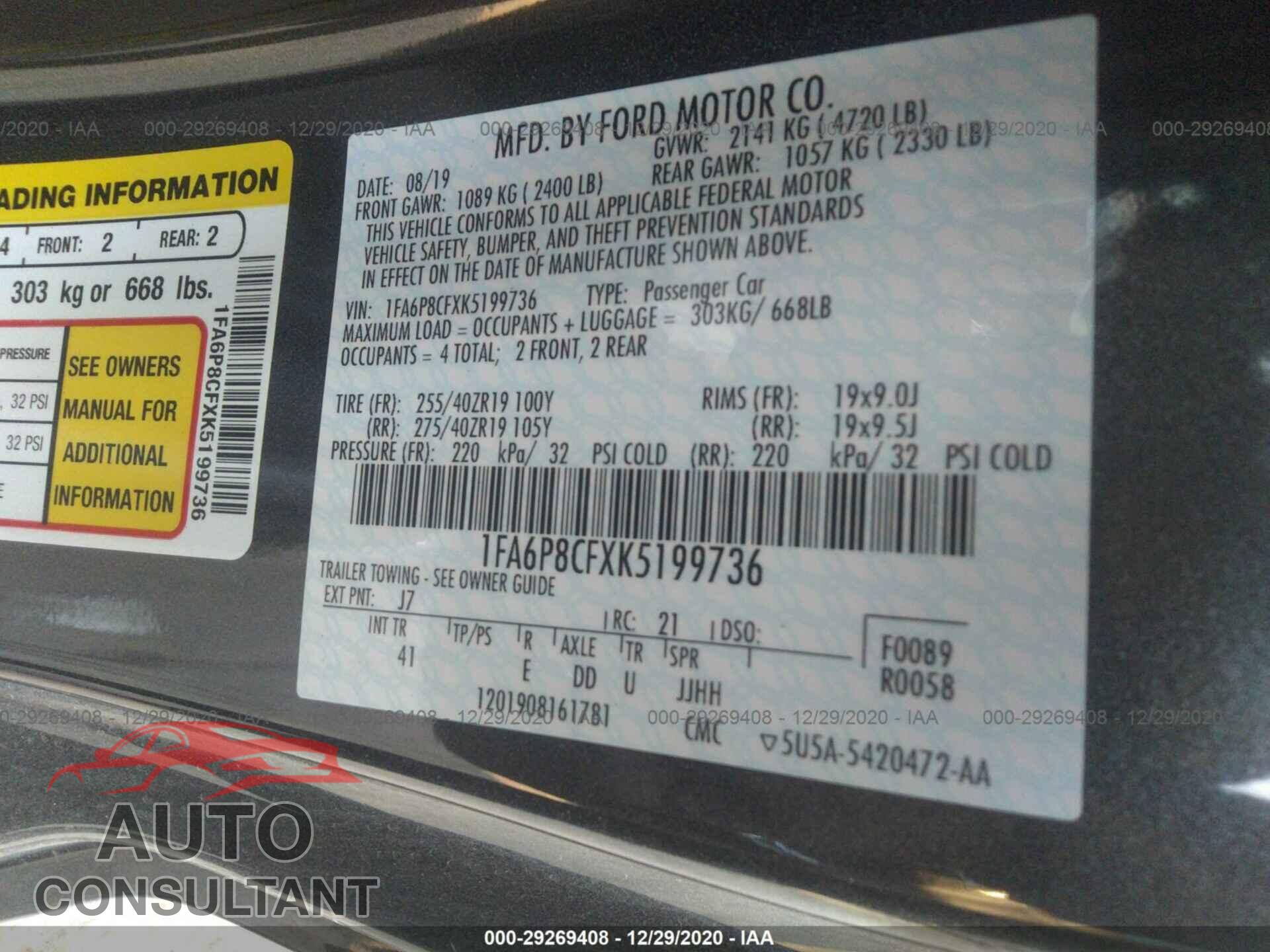FORD MUSTANG 2019 - 1FA6P8CFXK5199736