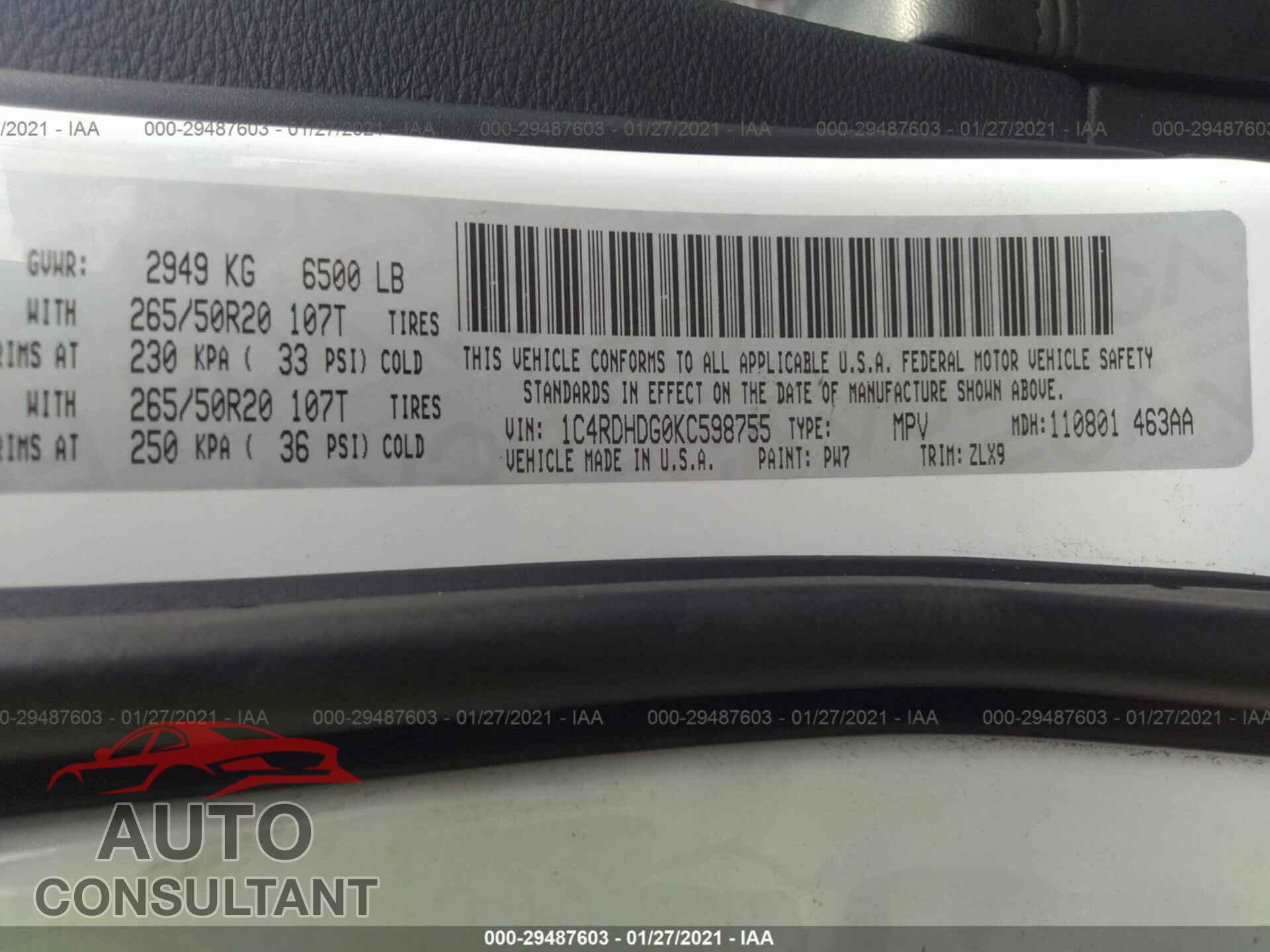 DODGE DURANGO 2019 - 1C4RDHDG0KC598755