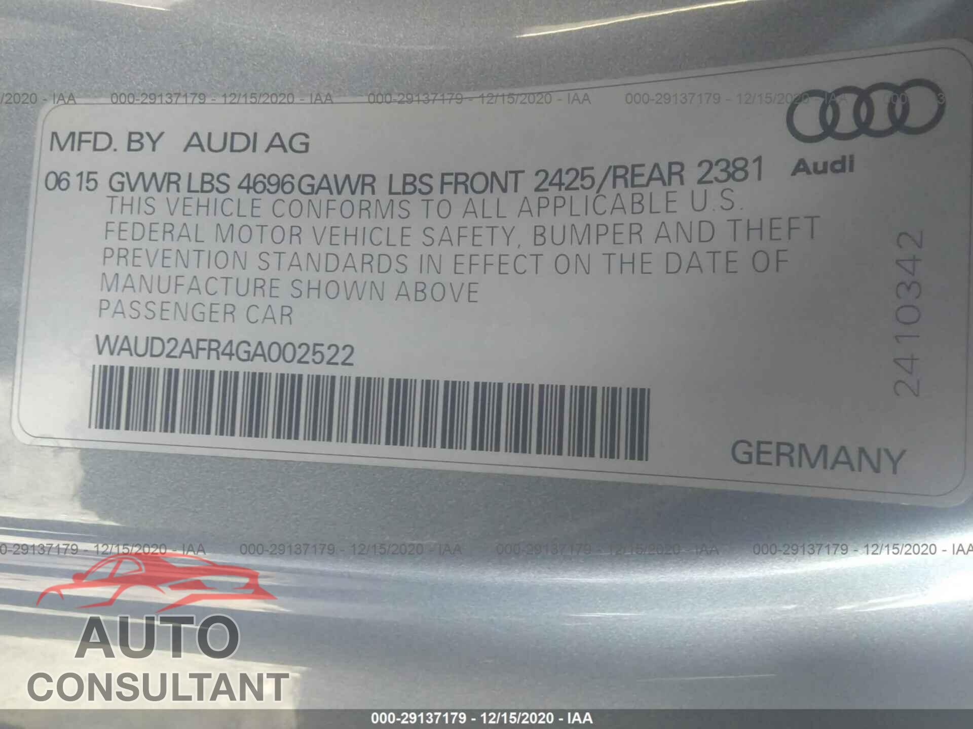 AUDI A5 2016 - WAUD2AFR4GA002522