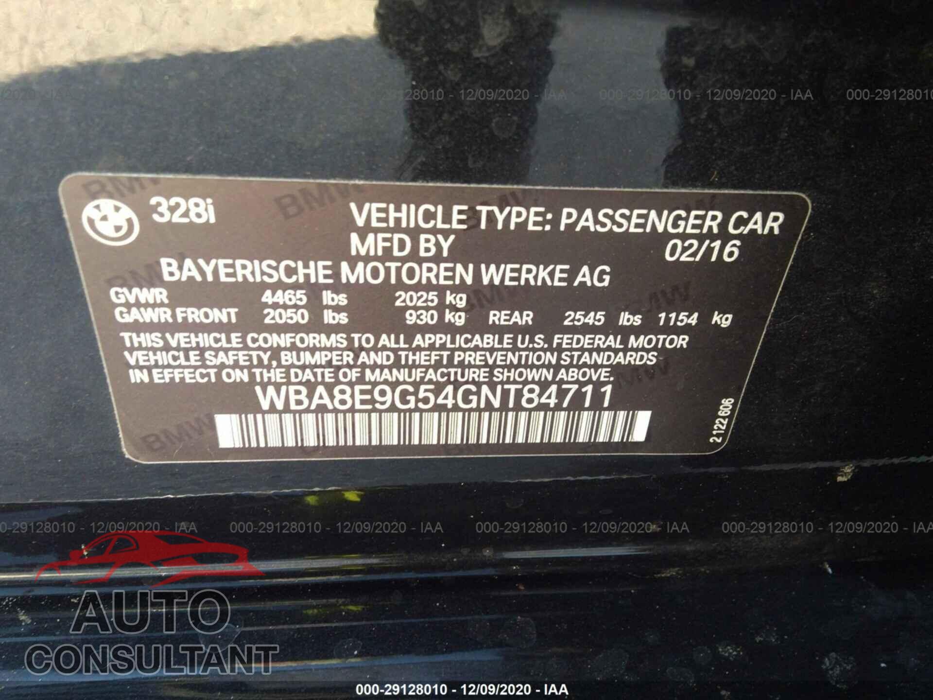 BMW 3 SERIES 2016 - WBA8E9G54GNT84711