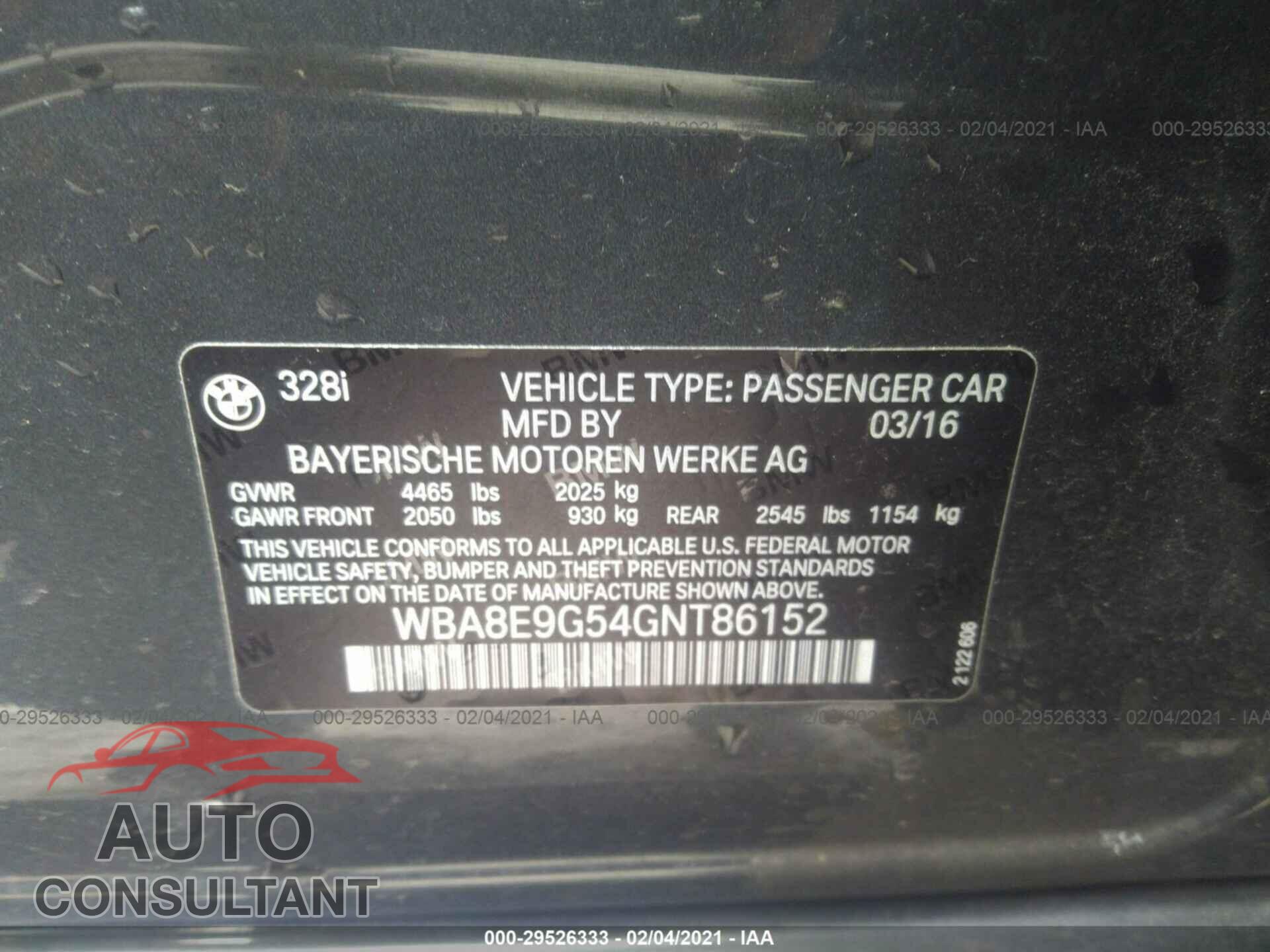 BMW 3 SERIES 2016 - WBA8E9G54GNT86152